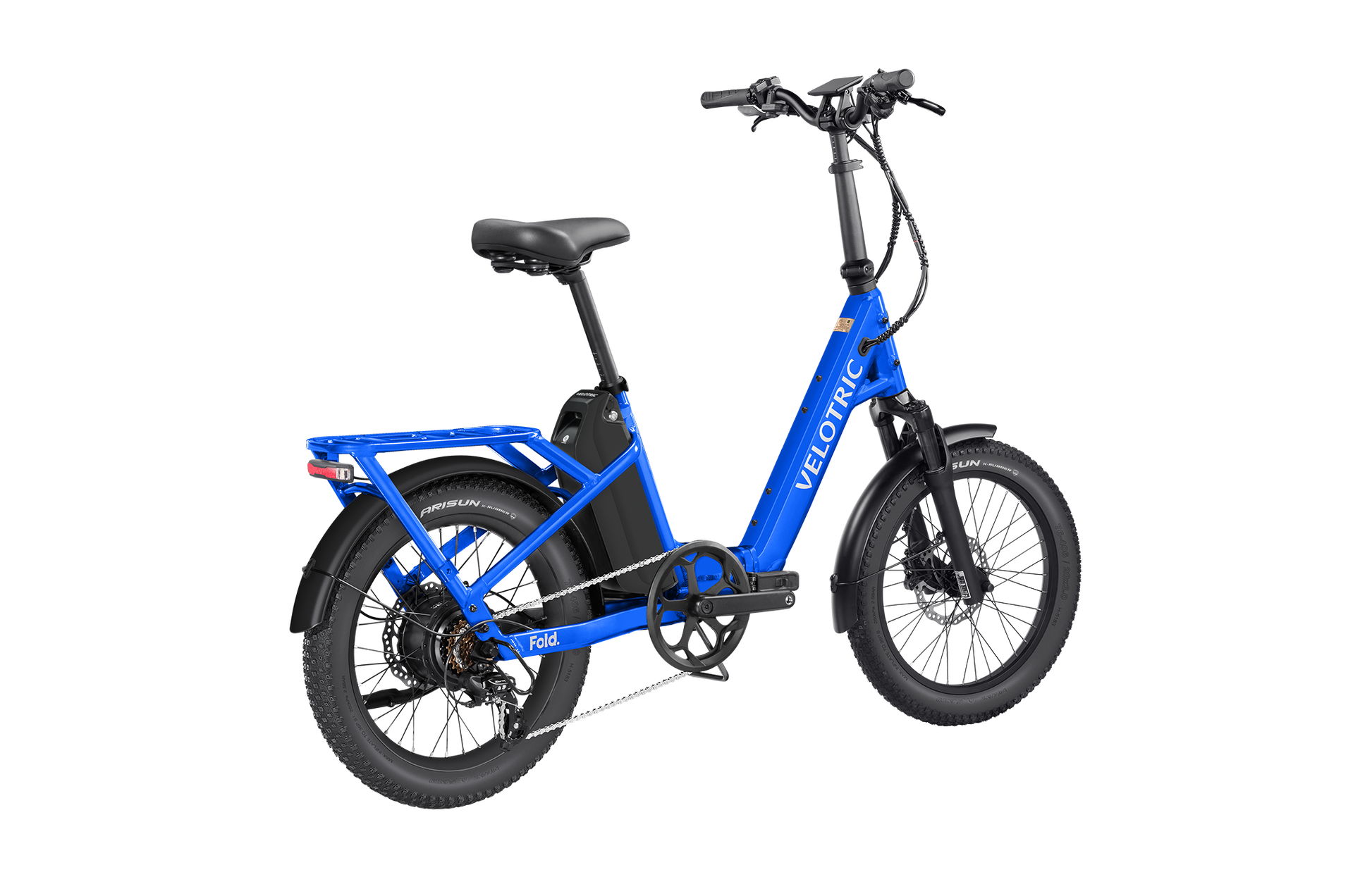 The Velotric Fold 1 Plus is a blue electric bicycle featuring a sturdy frame, rear rack, and black tires. Its compact design and powerful motor make it the perfect foldable eBike for urban areas.
