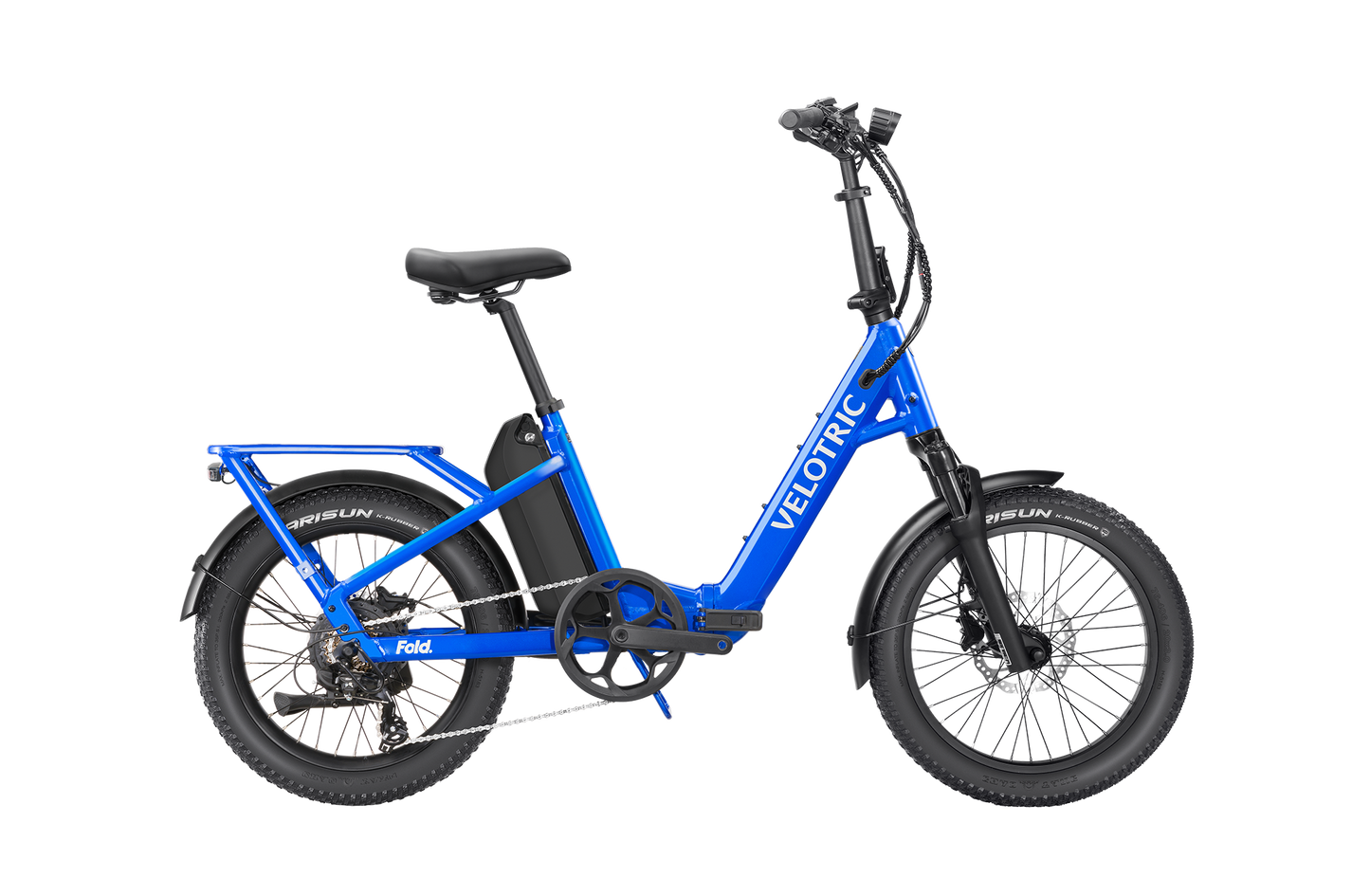 The Velotric Fold 1 Plus is a blue e-bike with a foldable design, step-through frame, rear rack, and prominent "Velotric" branding on the side, combining style and convenient functionality.