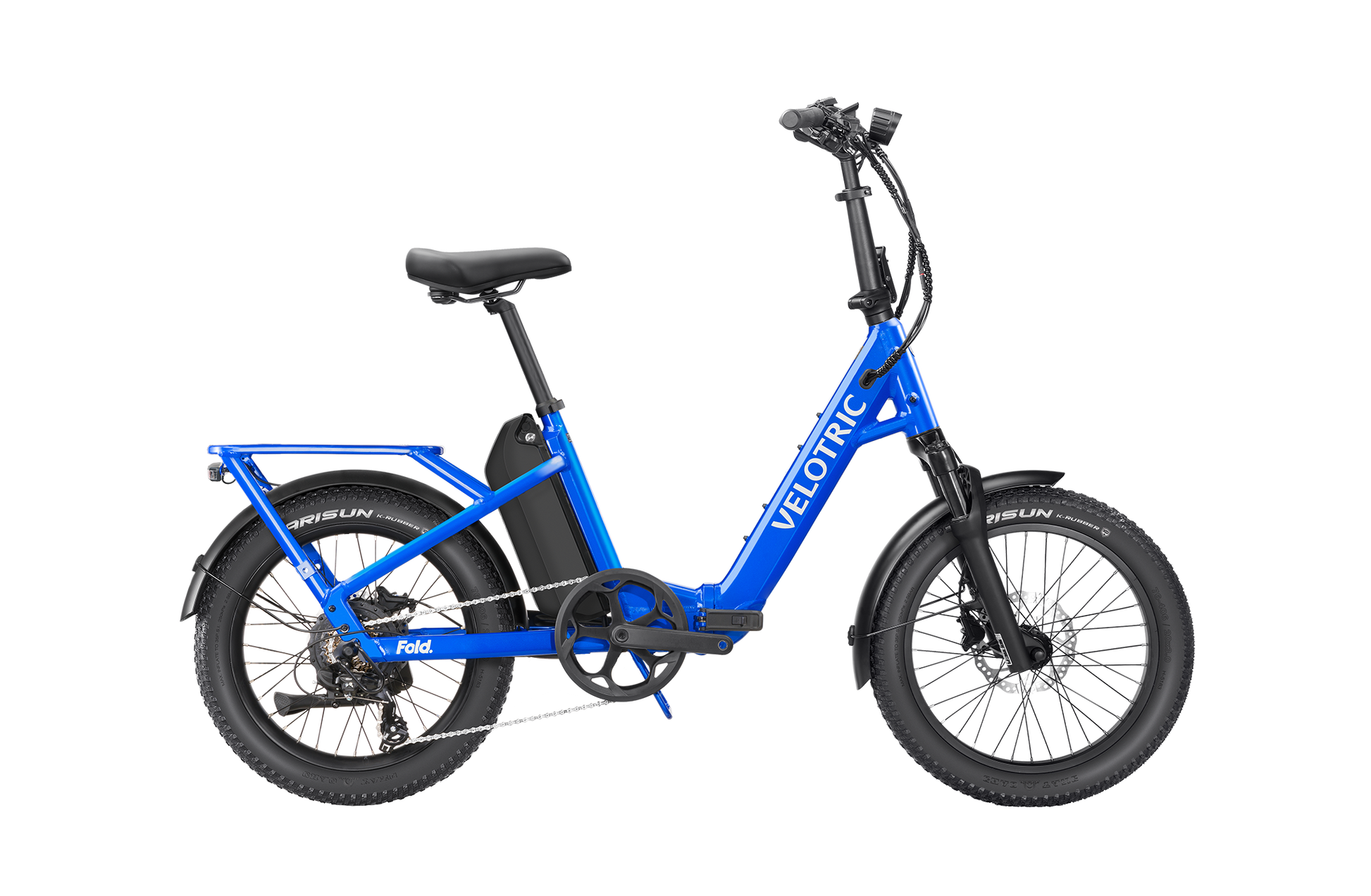 The Velotric Fold 1 Plus is a blue e-bike with a foldable design, step-through frame, rear rack, and prominent "Velotric" branding on the side, combining style and convenient functionality.