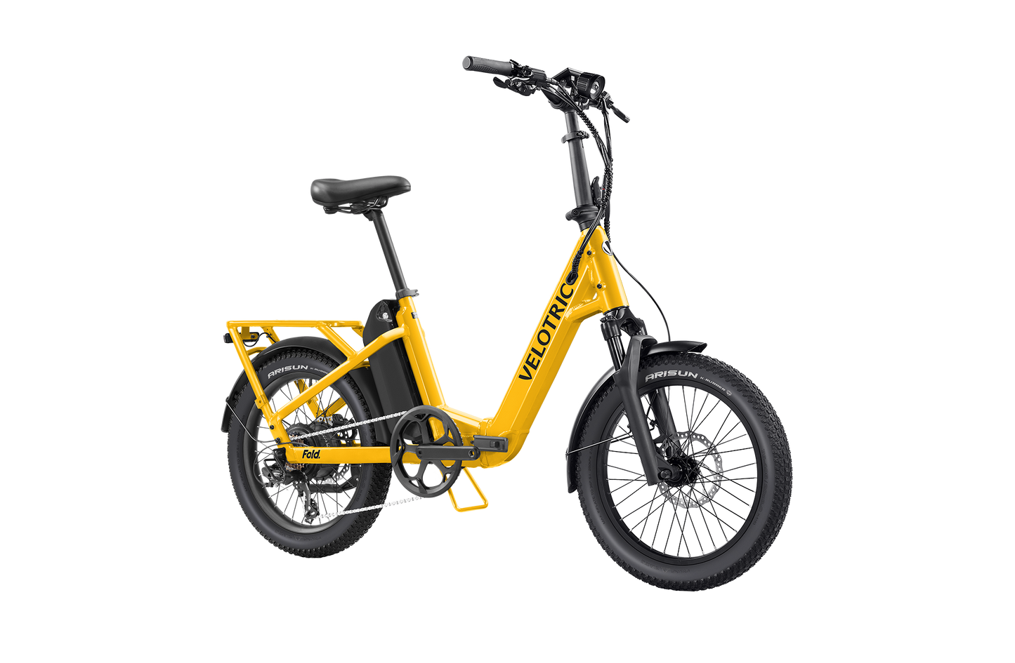 Introducing the Velotric - Fold 1 Plus in yellow, featuring a step-through frame, black seat and handlebars, and chunky tires. Its sleek foldable design offers convenience with style and performance, perfect for city rides or countryside adventures.