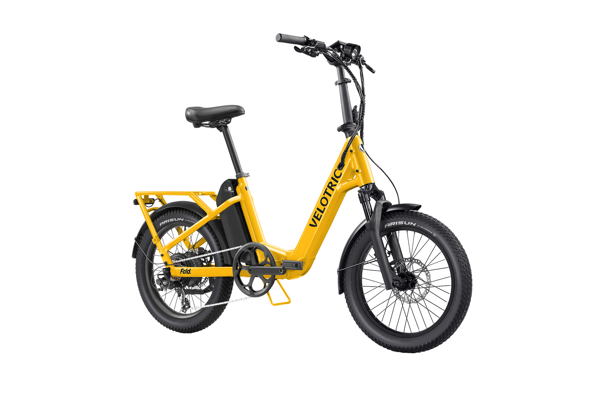 Introducing the Velotric - Fold 1 Plus in yellow, featuring a step-through frame, black seat and handlebars, and chunky tires. Its sleek foldable design offers convenience with style and performance, perfect for city rides or countryside adventures.