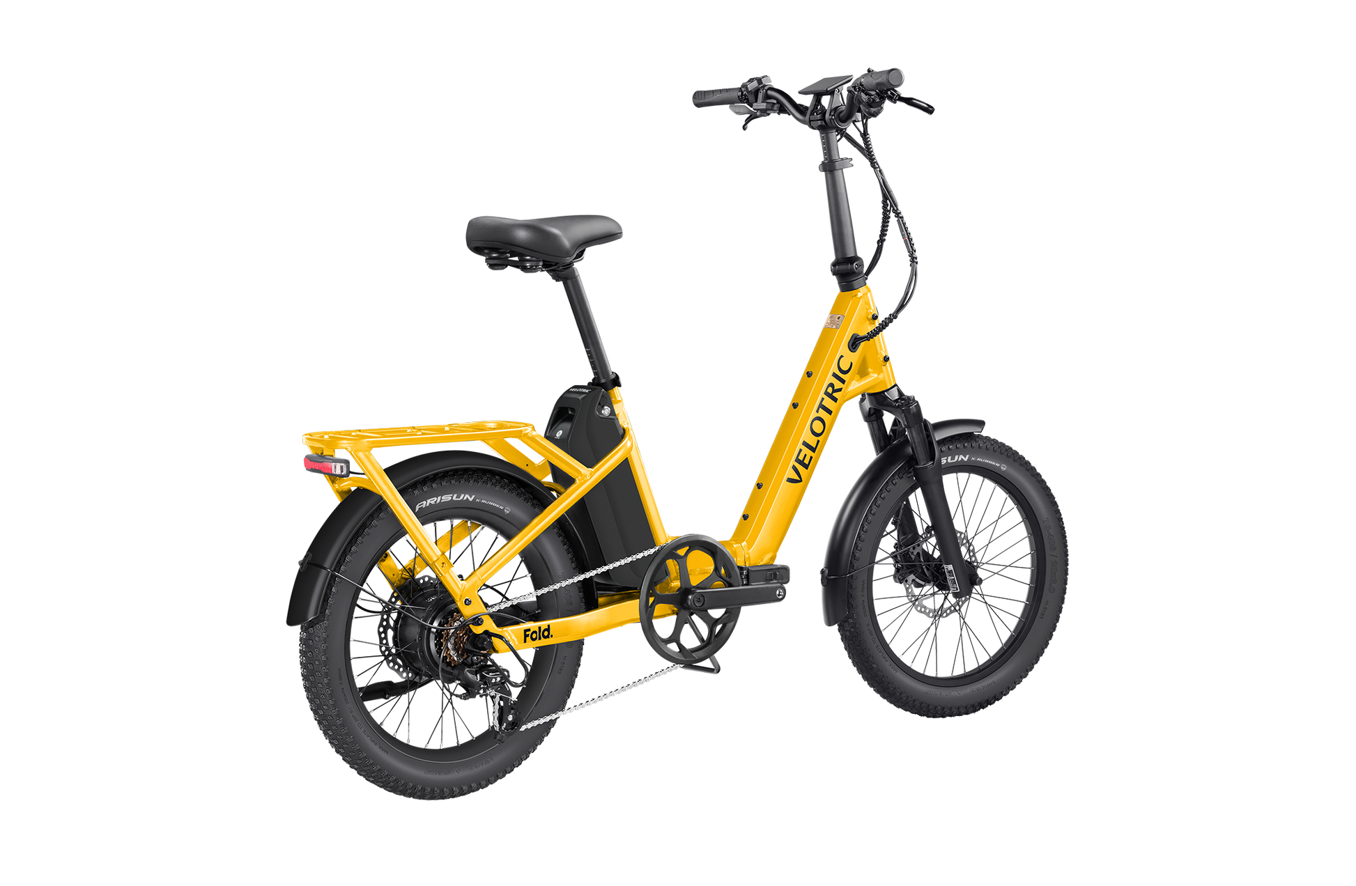 The Velotric - Fold 1 Plus eBike, in yellow, offers a foldable step-through design with "Velotric" on the frame. It includes a powerful motor for smooth rides, a black seat, and a rear cargo rack for added convenience.