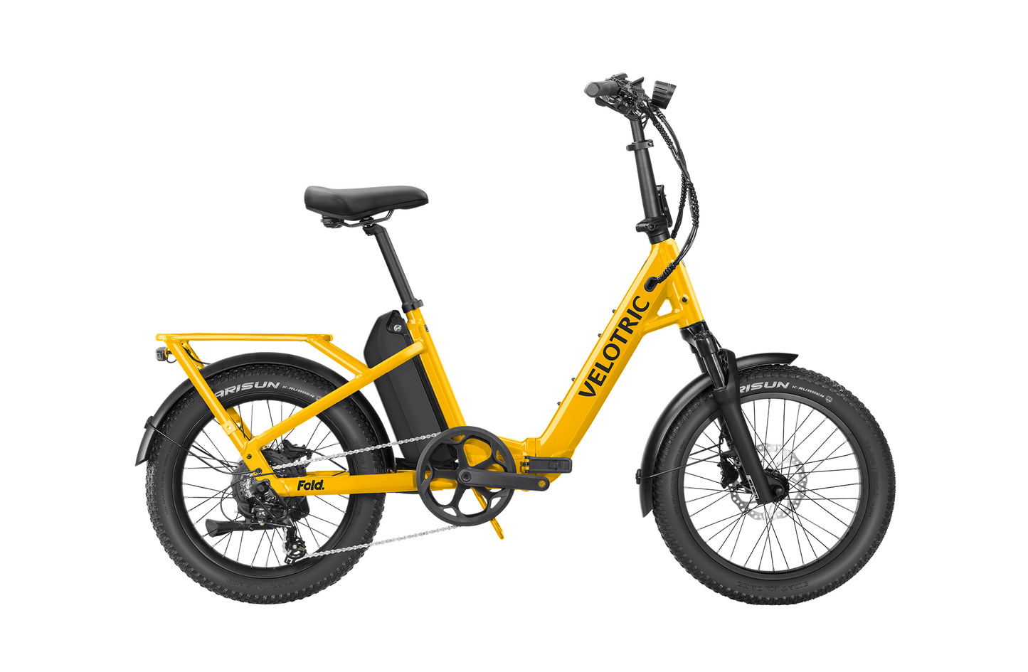 The Velotric - Fold 1 Plus electric bike has a powerful motor, black seat, handlebars, and tires. This foldable eBike includes a rear rack and a convenient low step-through frame.