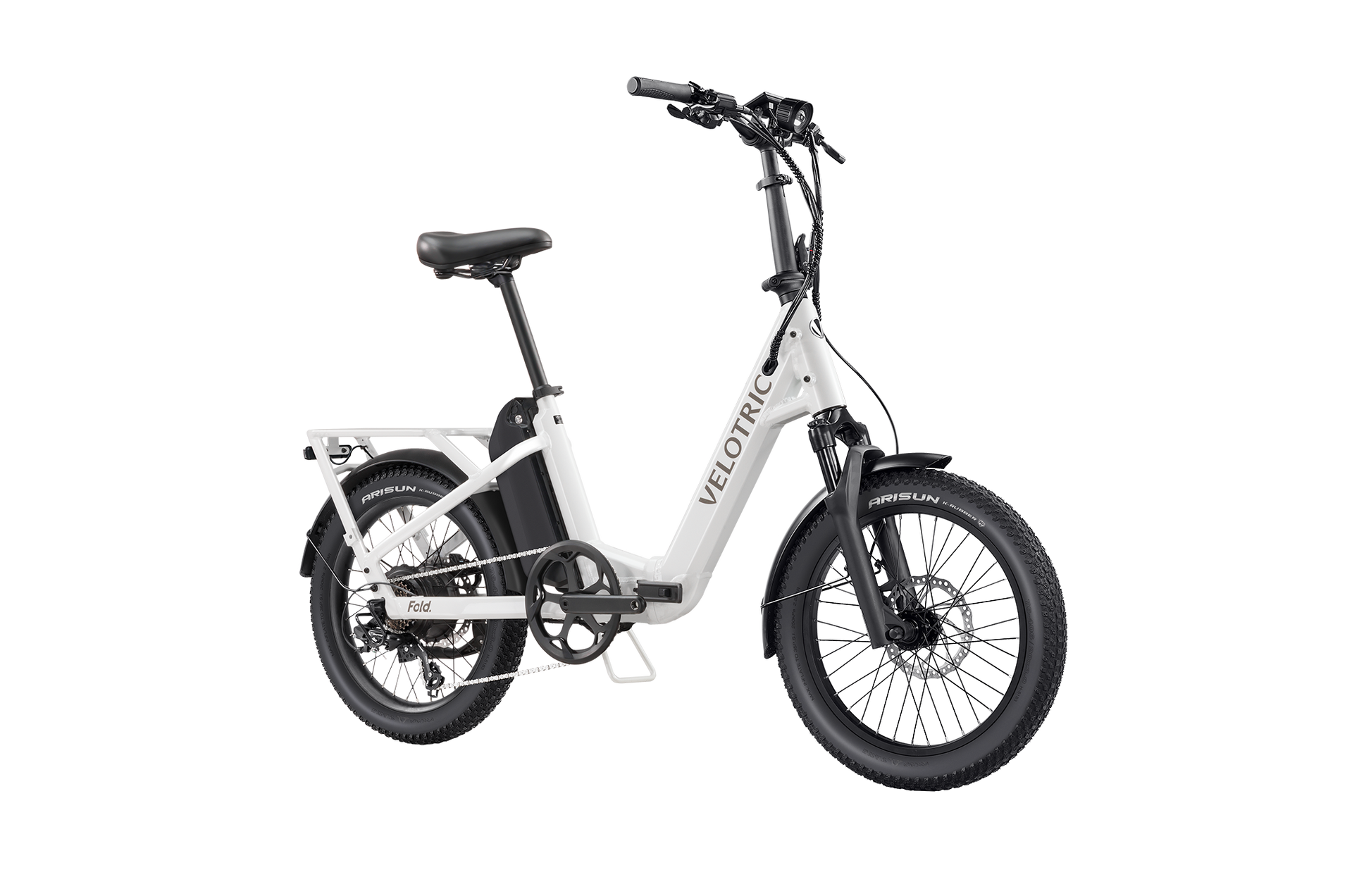 The Velotric Fold 1 Plus is a white e-bike with a step-through frame, rear rack, front suspension fork, and wide tires. Its compact design offers stylish and practical mobility with easy handling, perfect for those seeking convenience without sacrificing style.