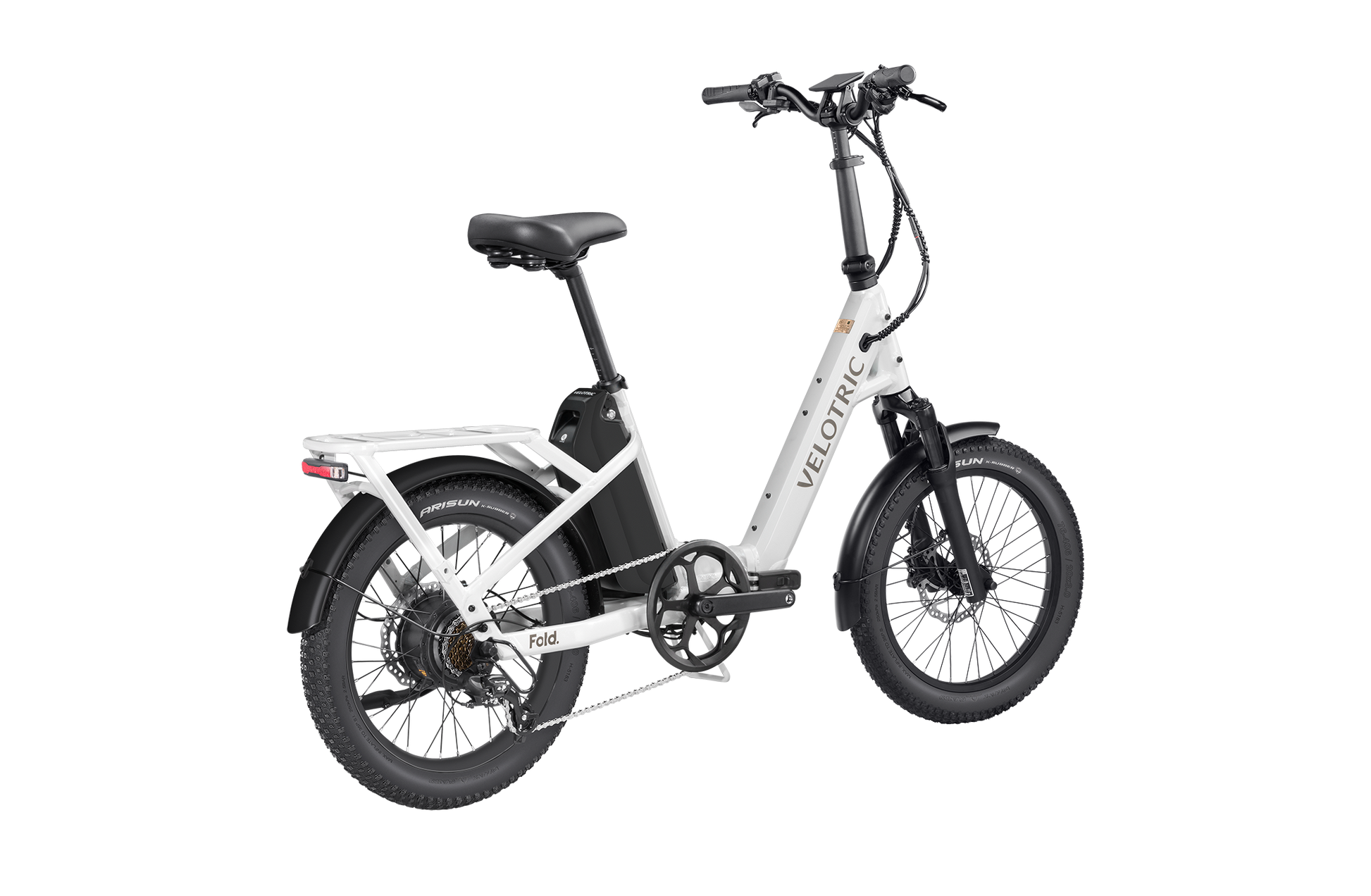 The Velotric Fold 1 Plus electric bicycle features a long-range battery, thick tires for extended adventures, and a rear cargo rack. Its sleek design against a white background effortlessly combines style and functionality.
