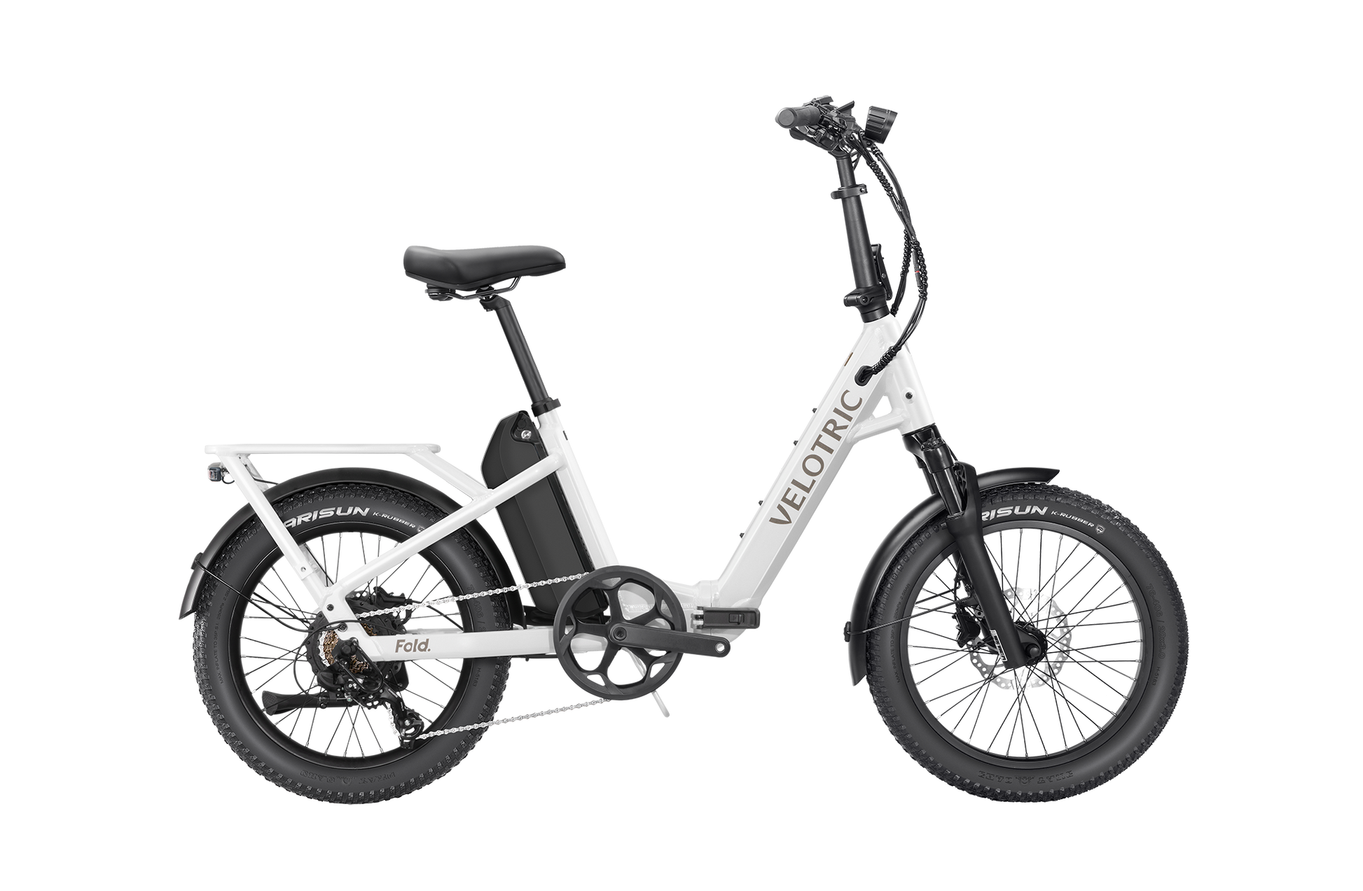 The Velotric Fold 1 Plus is a stylish white foldable eBike with black tires, seat, and handlebars. Its robust motor and rear-mounted battery offer an efficient ride.