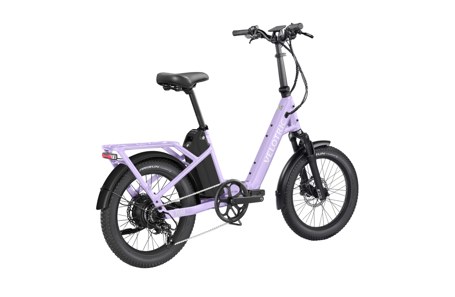 A Velotric Fold 1 Plus electric commuter bike by Velotric in lavender, featuring a step-through frame, rear cargo rack, front suspension fork, and thick tires, displayed against a plain white background.