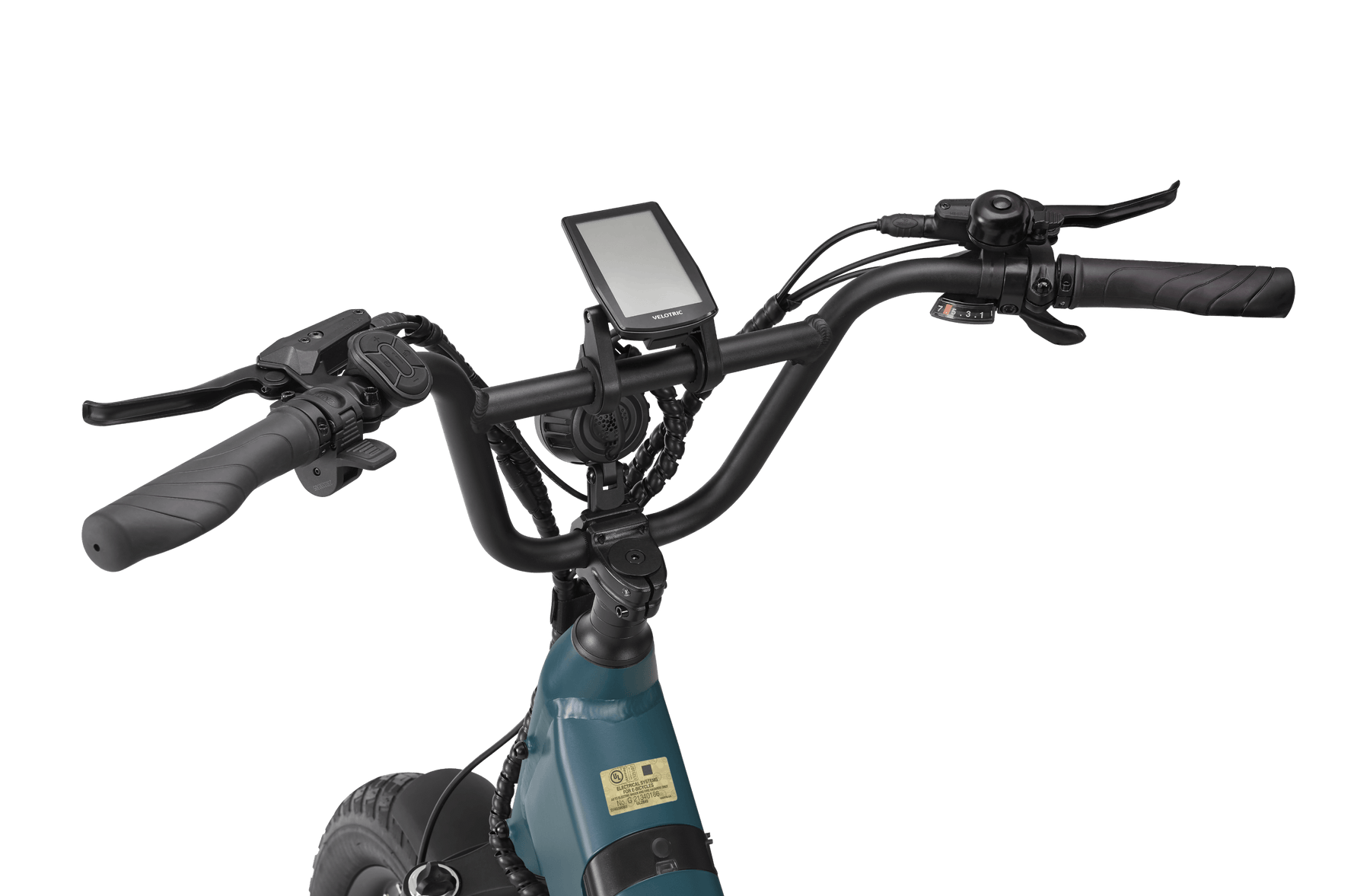 Close-up of a Velotric - Go 1 - Forest electric bike's handlebars with grips, brake levers, and a mounted digital display, set against a black background.