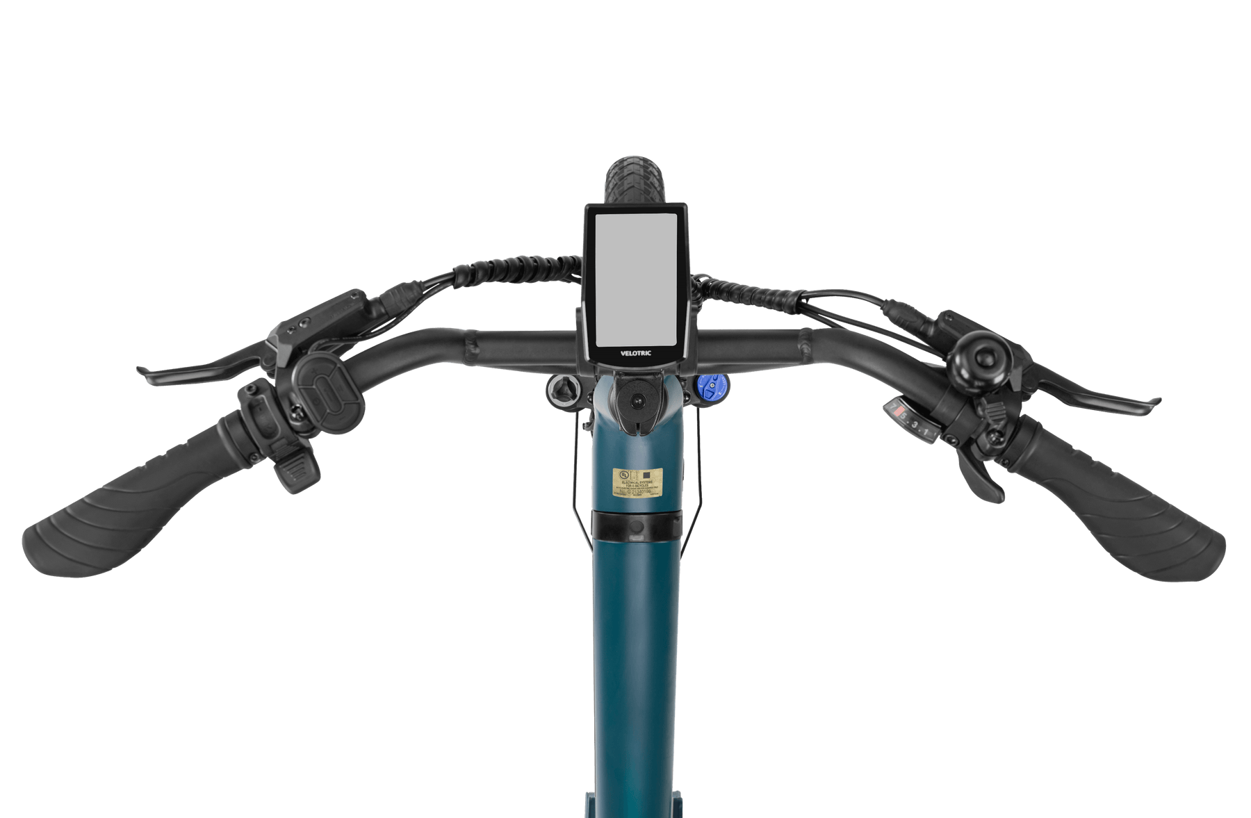 Handlebar of a Velotric - Go 1 - Forest compact utility eBike equipped with a mounted GPS device, brakes, and various controls, isolated on a black background.