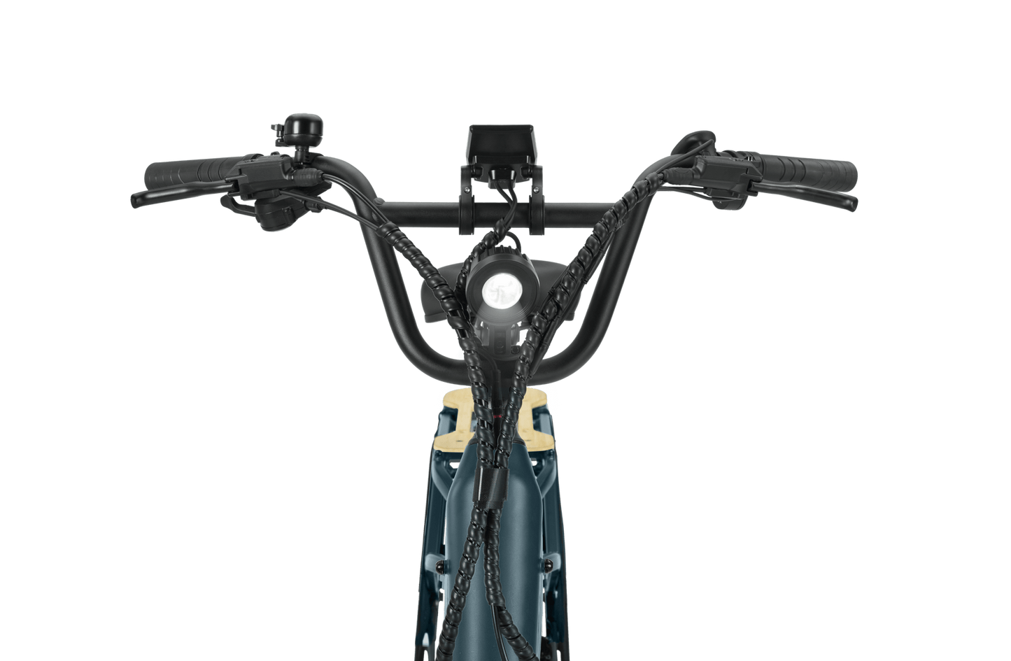 Front view of a modern Velotric - Go 1 - Forest bicycle handlebar with grips, brake levers, and cables on a black background.