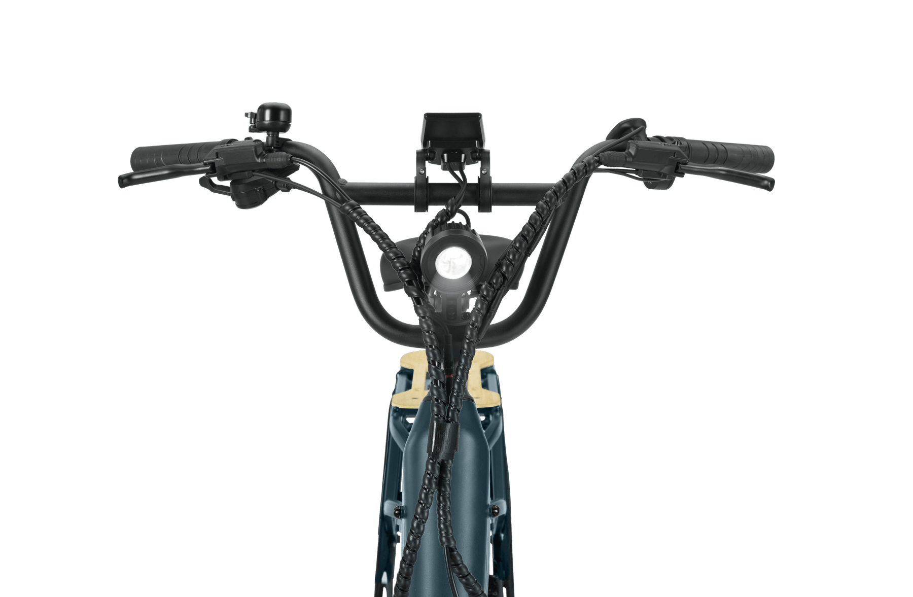 Front view of a modern Velotric - Go 1 - Forest bicycle handlebar with grips, brake levers, and cables on a black background.