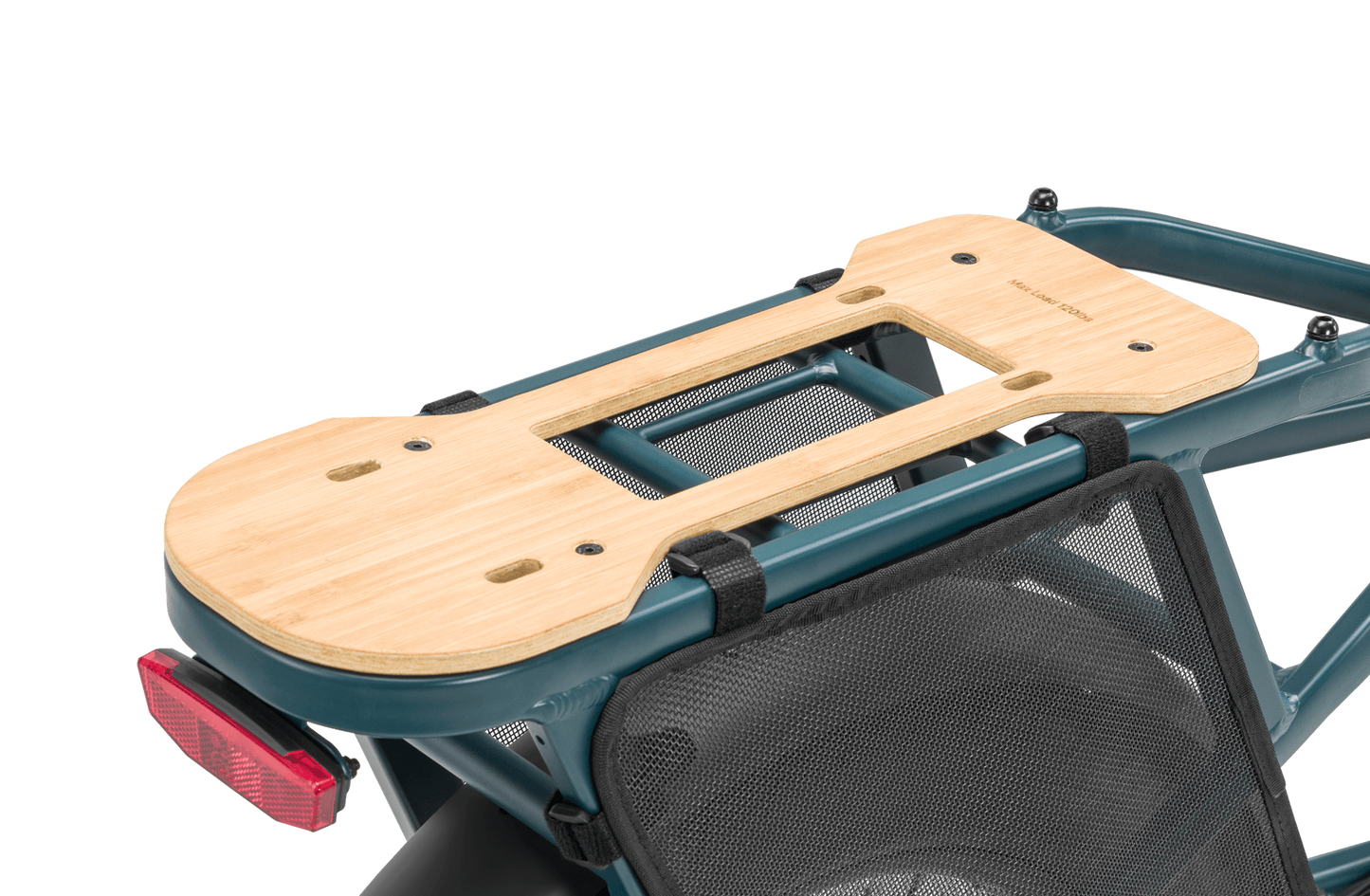 A wooden bike rack attached to the back of a Velotric - Go 1 - Forest bicycle frame, featuring a black bungee cord and integrated red tail light, isolated on a black background.