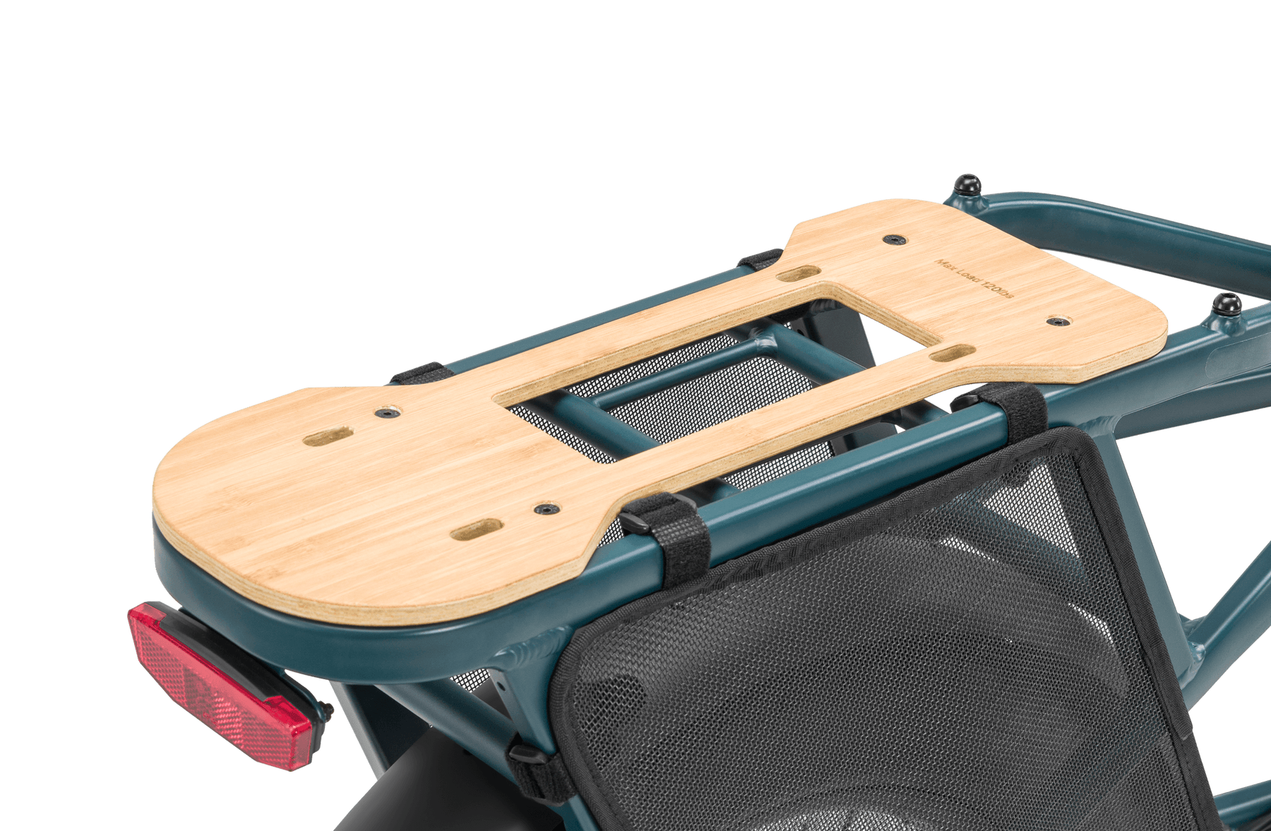 A wooden bike rack attached to the back of a Velotric - Go 1 - Forest bicycle frame, featuring a black bungee cord and integrated red tail light, isolated on a black background.