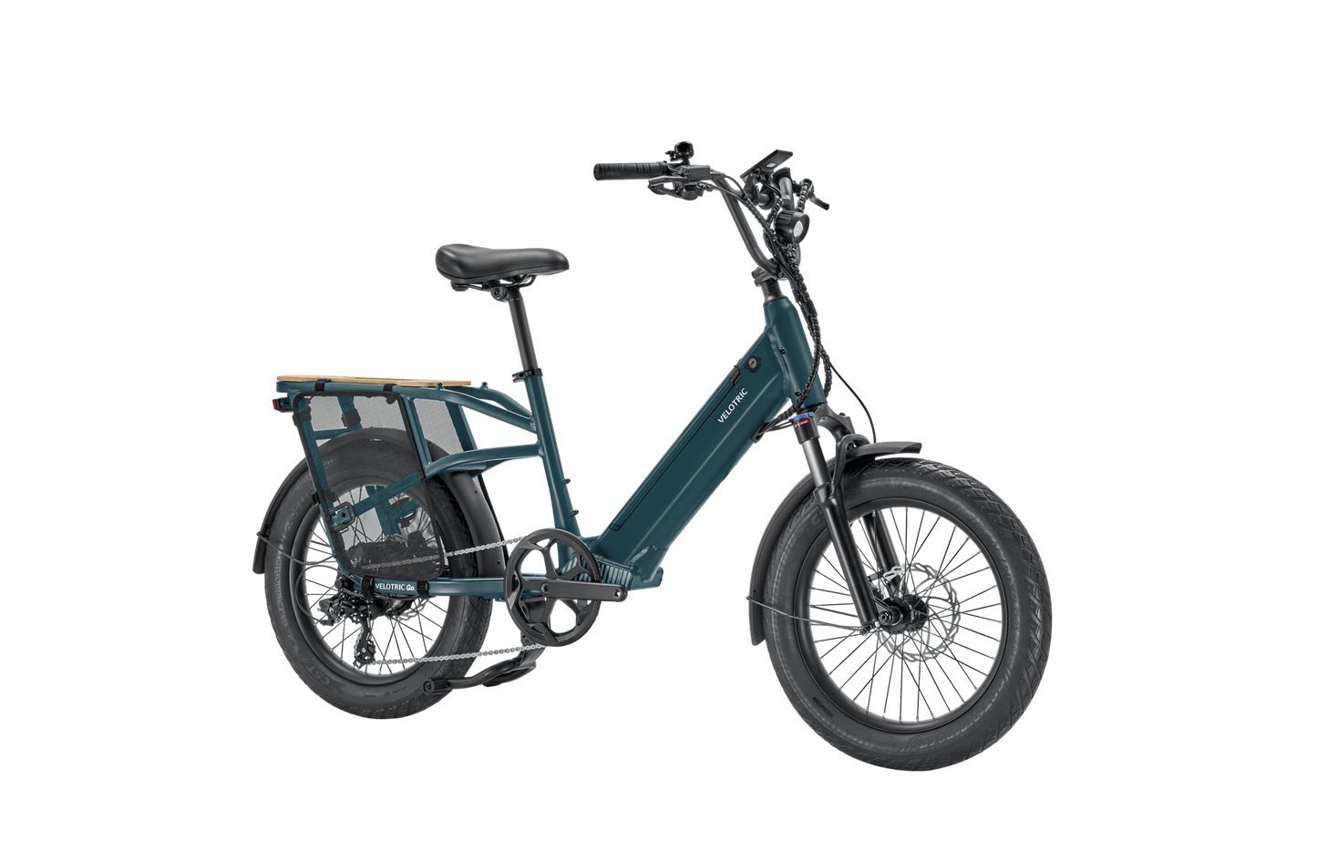 Velotric Go 1 - Forest electric bicycle in teal color with a rear cargo rack and thick tires, displayed against a black background.