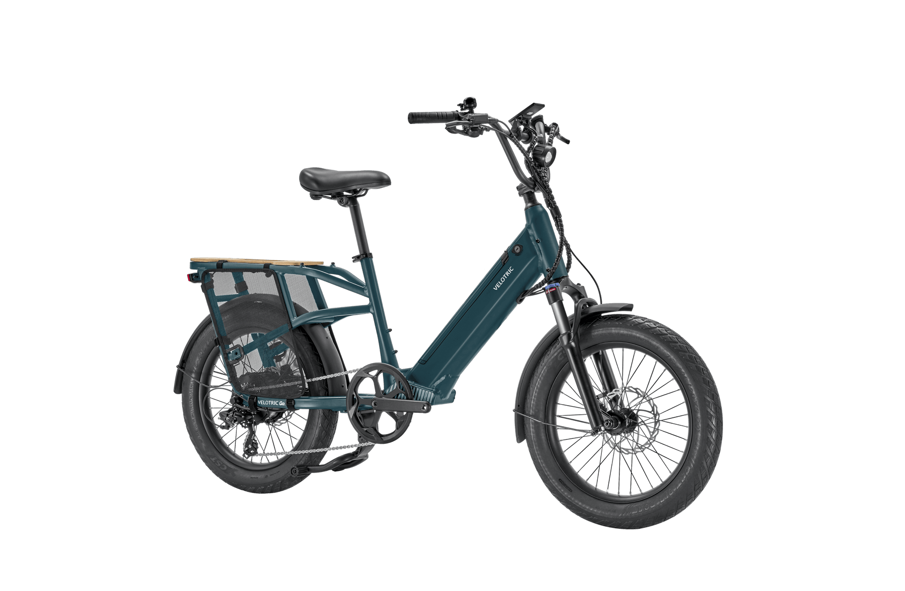 Velotric Go 1 - Forest electric bicycle in teal color with a rear cargo rack and thick tires, displayed against a black background.