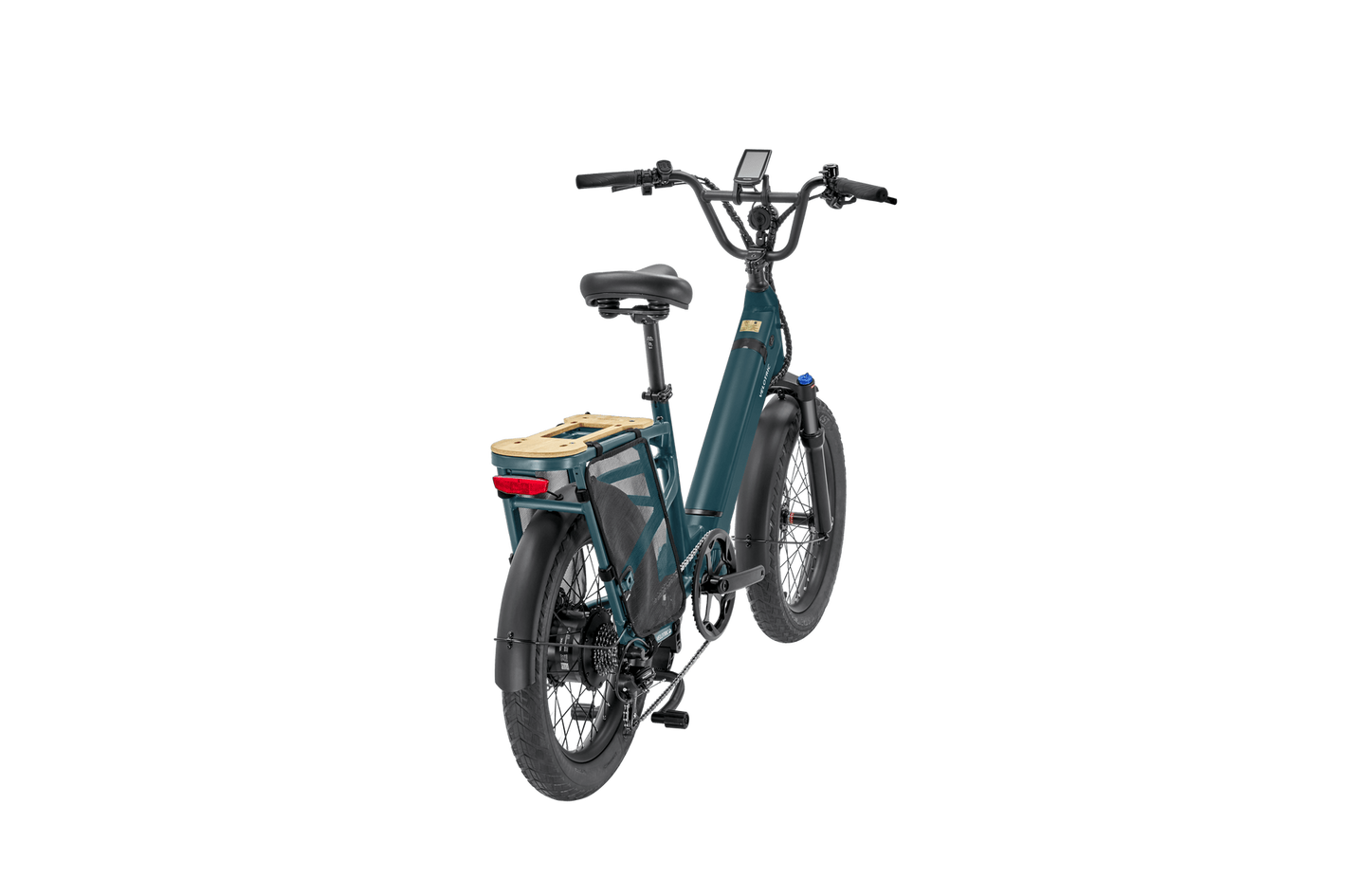 A dark teal Velotric Go 1 electric cargo bicycle with rear storage rack, positioned facing left on a black background.
