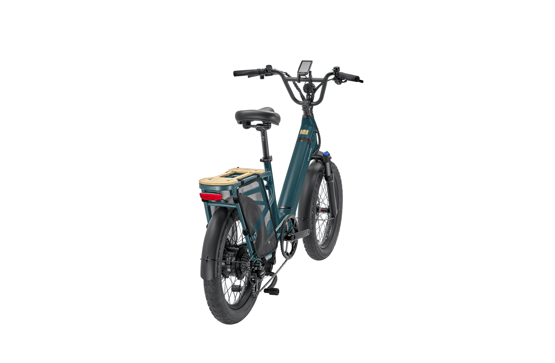 A dark teal Velotric Go 1 electric cargo bicycle with rear storage rack, positioned facing left on a black background.