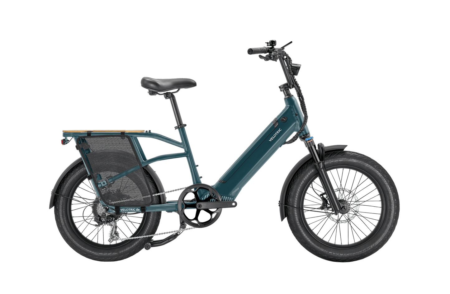 Velotric - Go 1 - Forest electric bicycle with a cargo rack, in dark teal, displayed on a black background. Ideal for urban commuters.