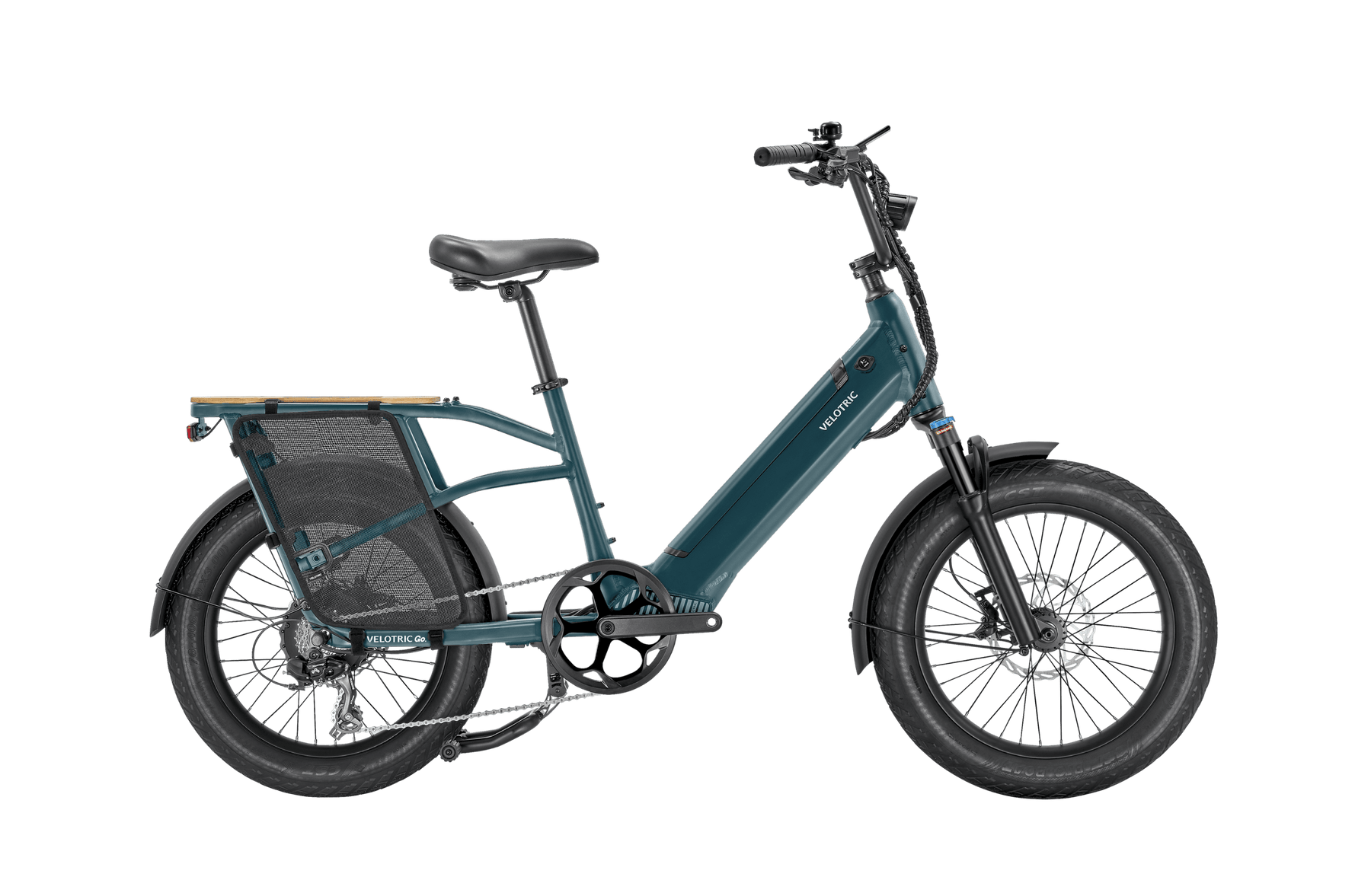 Velotric - Go 1 - Forest electric bicycle with a cargo rack, in dark teal, displayed on a black background. Ideal for urban commuters.