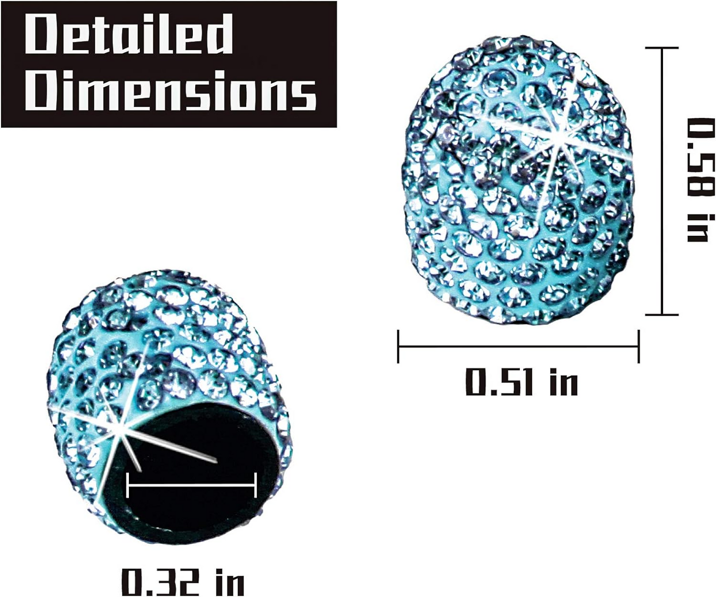 EPWR Valve Gems - Aquamarine shown with "Detailed Dimensions" at top left: 0.55" tall, 0.51" wide, 0.32" opening—sparkling blue rhinestone design, perfect for your e-bike.