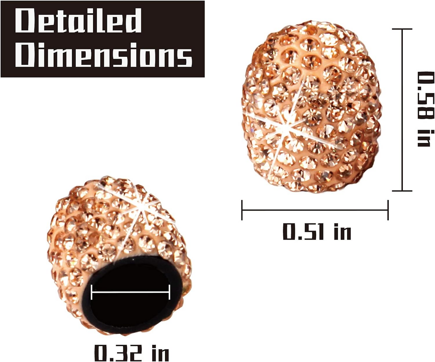 Color Splash Valve Gems - Gold: Add sparkle to your bike with this rose gold, rhinestone-studded valve cap. Measures 0.58" high, 0.51" wide, and fits valves with a 0.32" internal diameter.