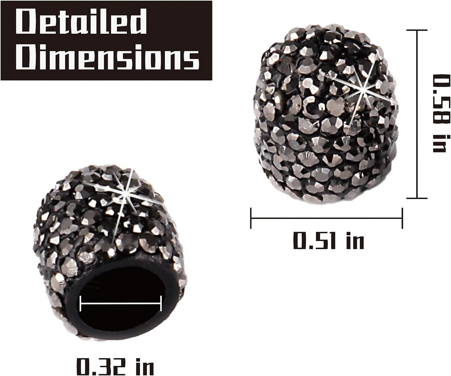 EPWR Valve Gems - Graphite: Two black, textured, cylindrical beads (0.58" tall, 0.51" wide, 0.32" hole) resemble stylish valve caps. Text reads "Detailed Dimensions.