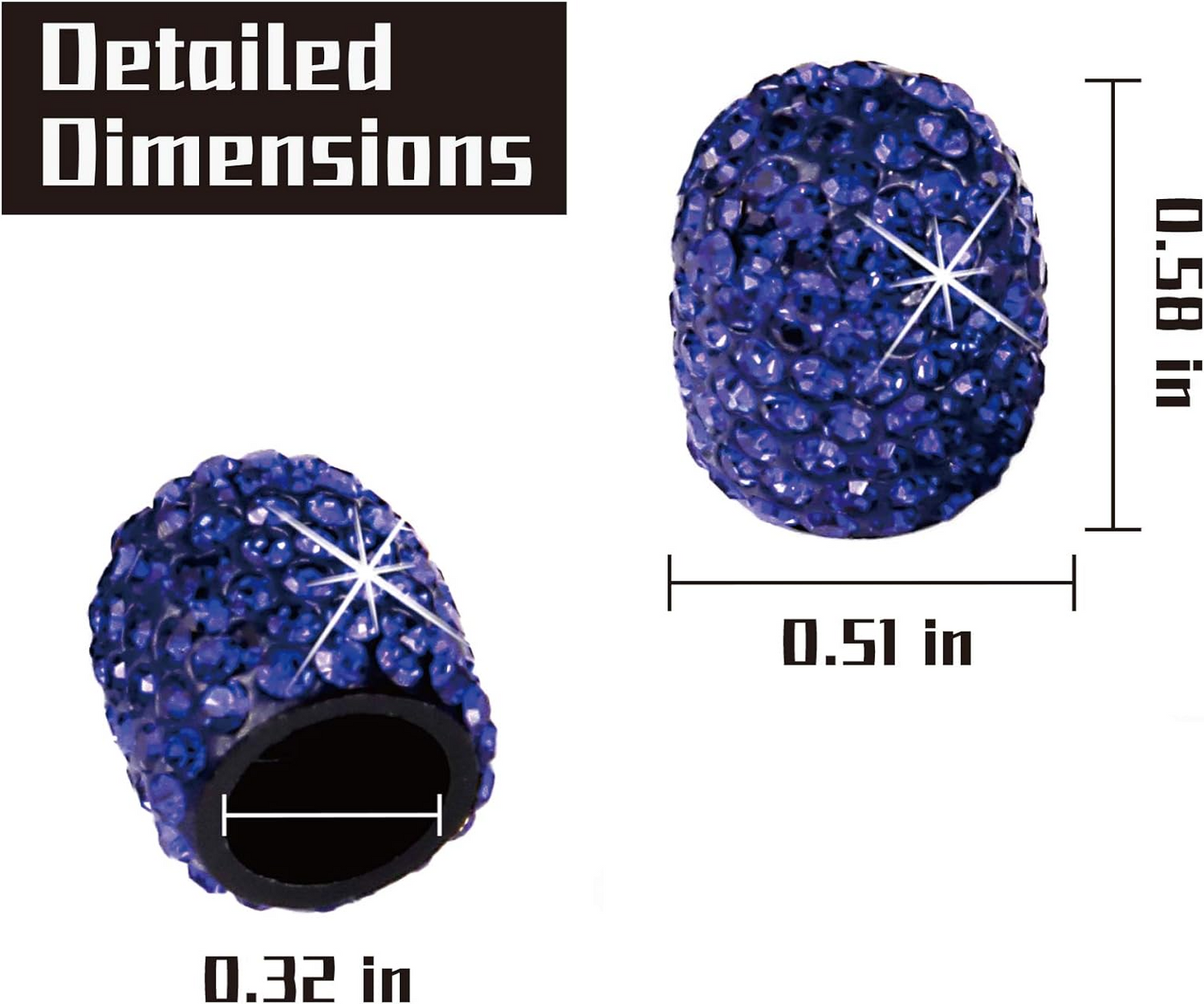 Two views of a bejeweled, navy blue, EPWR Valve Gems - Sapphire adorned oval-shaped object with dimensions: side view (0.32 in) and top view (0.51 in width.