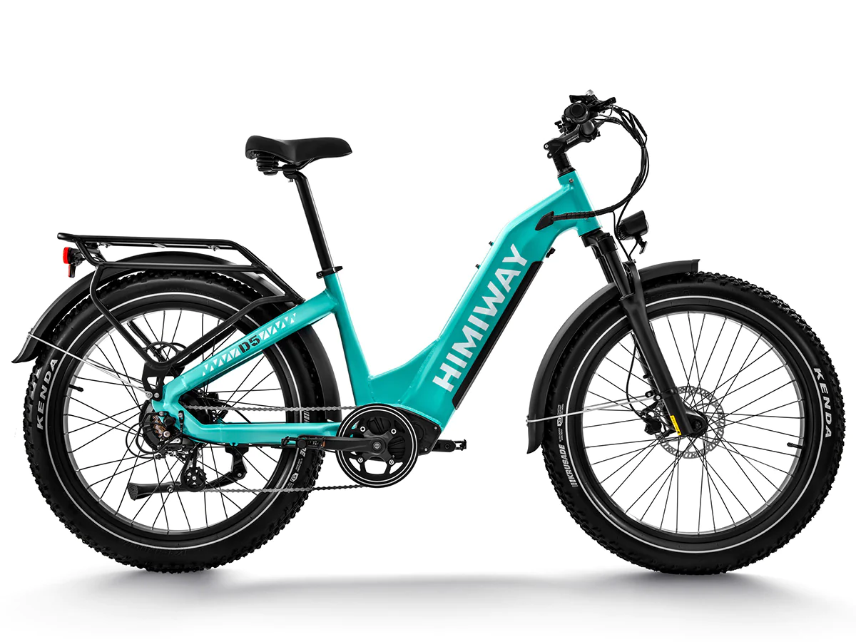 A Himiway - Zebra Step Through - Blue electric bike is shown against a white background.