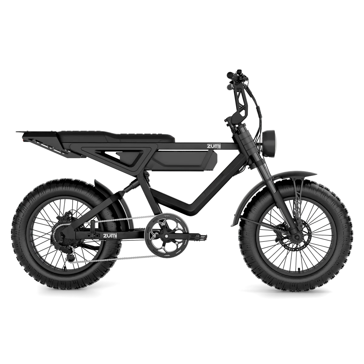 Side view of the Zumi - Blade, a high-performance fat-tire e-bike in sleek black, featuring a triangular frame and central chain drive for effortless off-road trails.
