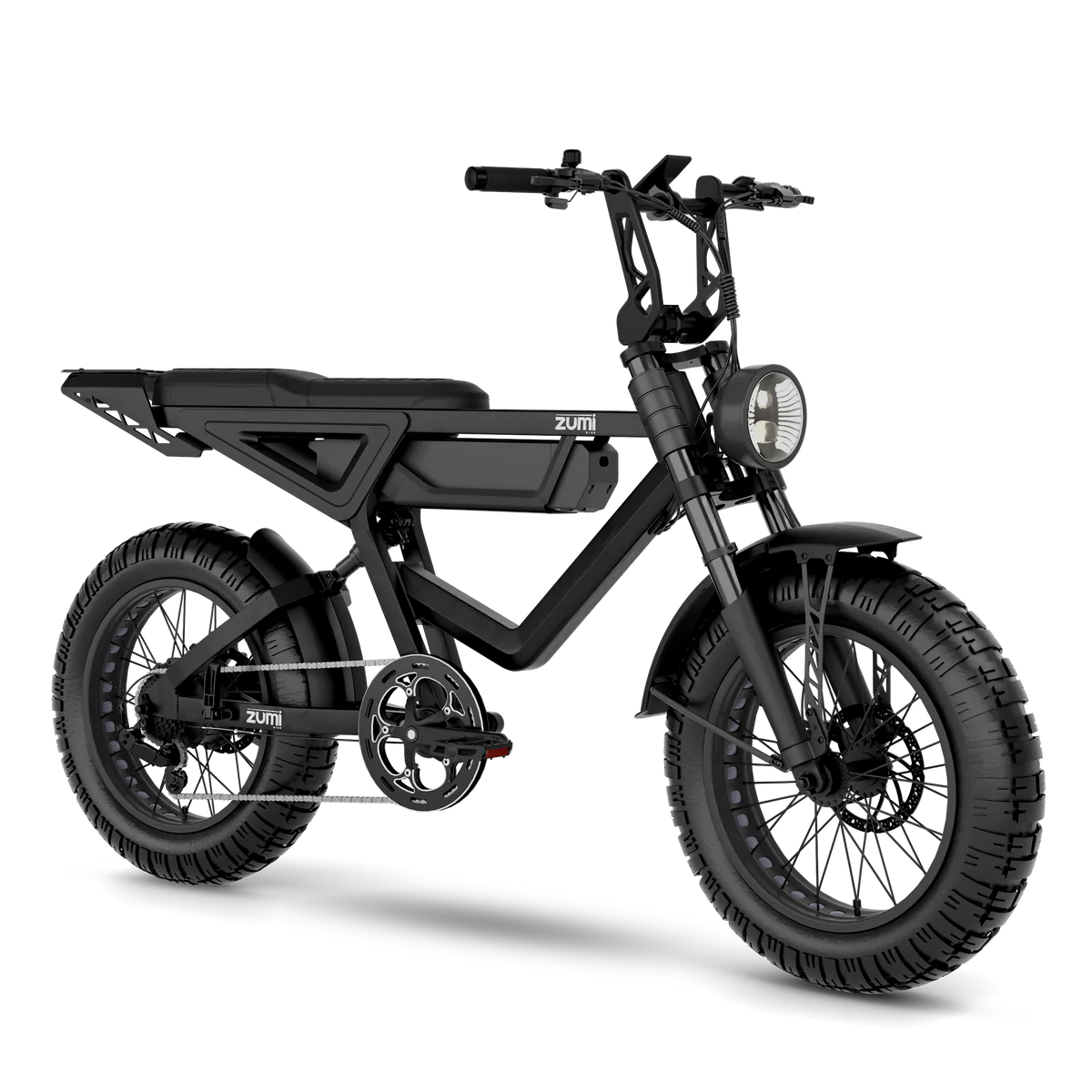 The Zumi - Blade is a high-performance black electric bike with a sturdy frame, featuring scrambler fat-tire design and circular front light, ideal for off-road trails, isolated on a white background.