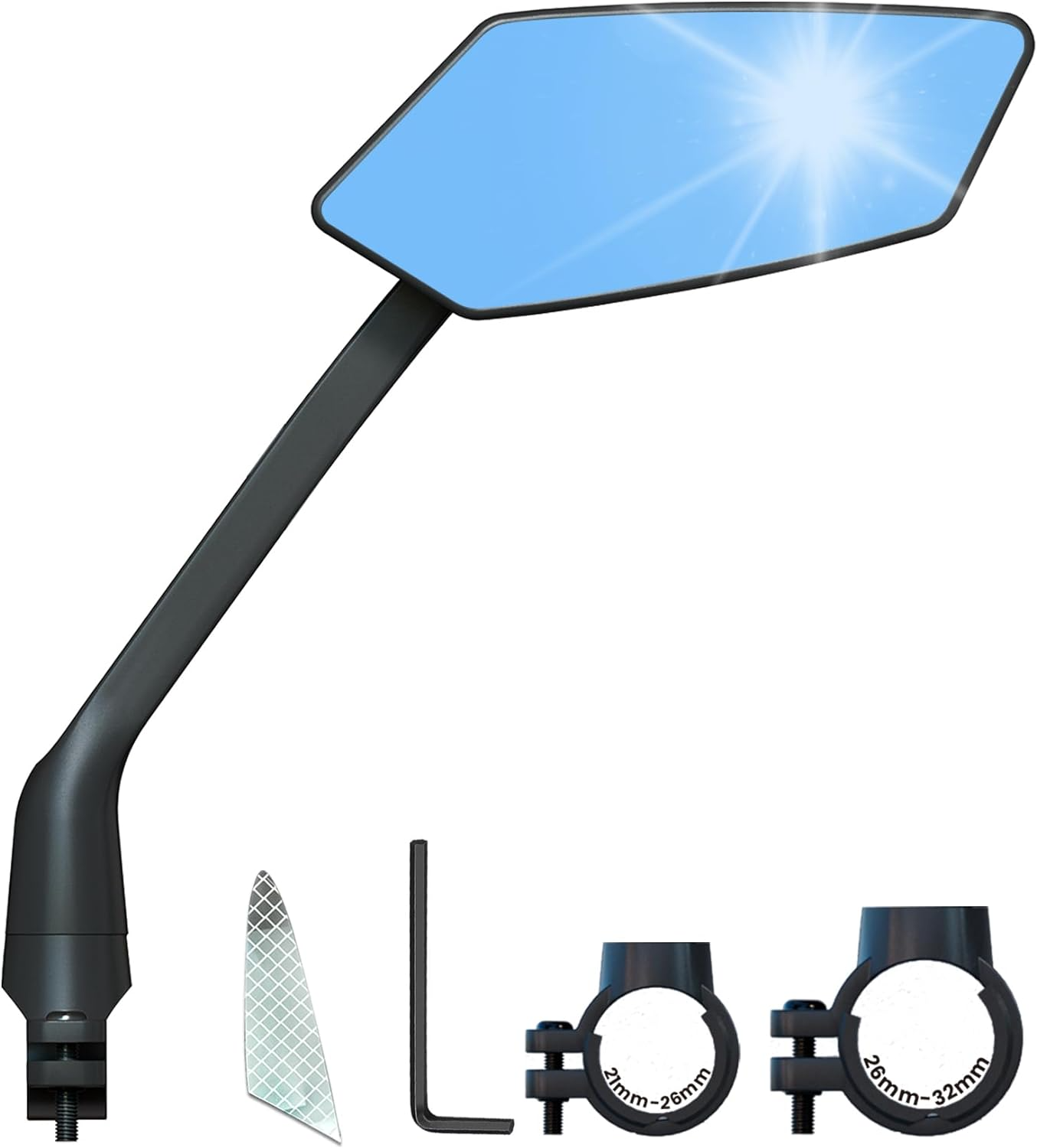 The Tampa Bay eBikes Mirrors - Premium Pair Handlebar features a black arm and blue-tinted HD glass. It comes with two mounting clamps, an Allen wrench, and an adhesive reflective sticker. These mirrors are suitable for use on both motorcycles and bicycles.
