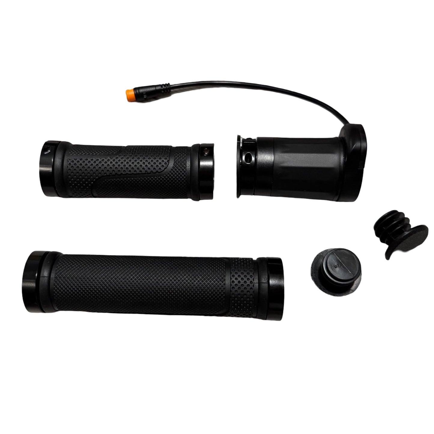 Set of black ergonomic Right Hand Half Grip Twist Throttle grips by ElectricAllWheel, featuring textured surfaces, end caps, and an integrated 3 pin Julet cable connector—all displayed on a white background. These grips are designed for Lectric/AIPAS harness compatibility, allowing seamless integration with your bike’s wiring system.