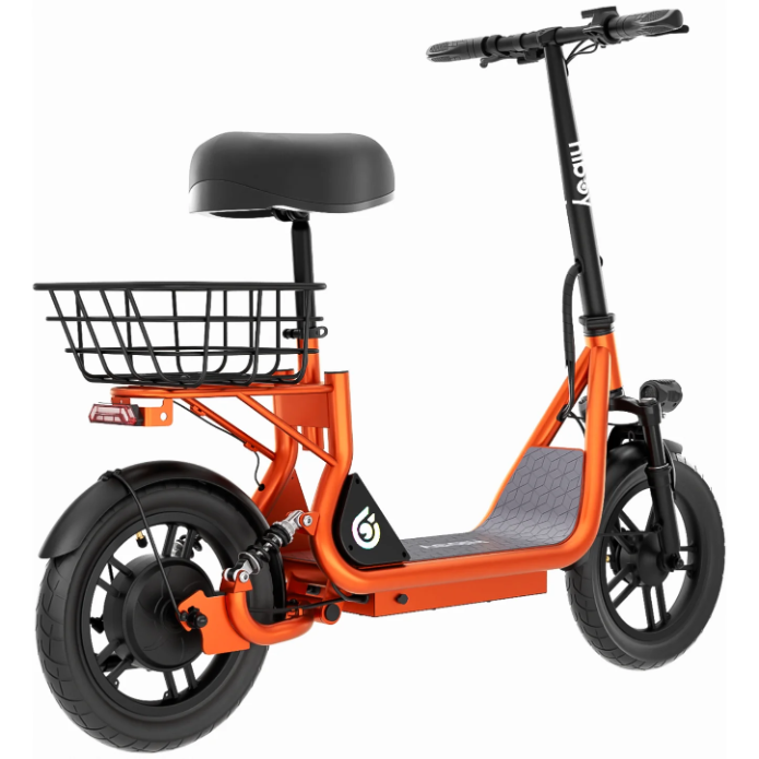 A Hiboy U2 Seated Electric Scooter by Hiboy, featuring a black seat, rear basket, and thick tires, is displayed from a rear side angle on a white background.