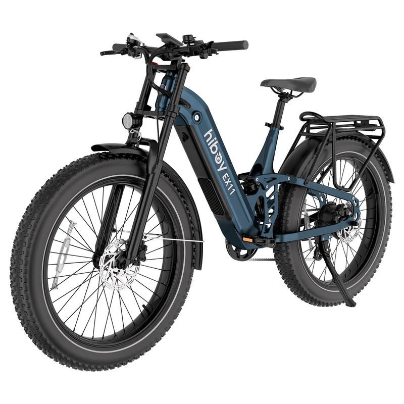 The Hiboy EX11 electric fat tire bike by Hiboy features a powerful 750W motor, blue frame, front suspension, disc brakes, rear cargo rack, and thick off-road tires.