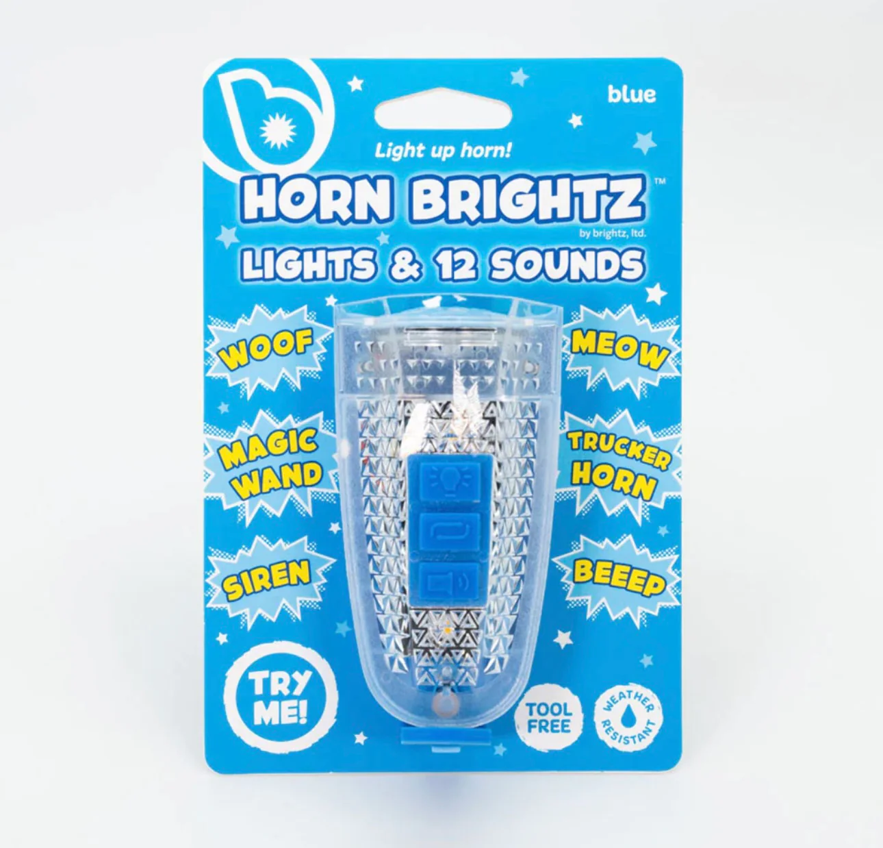 The Horn Brightz by Brightz is a spiked bicycle horn with 12 sound options, blue buttons, and labeled effects, packaged on a blue card—ideal for any ride.