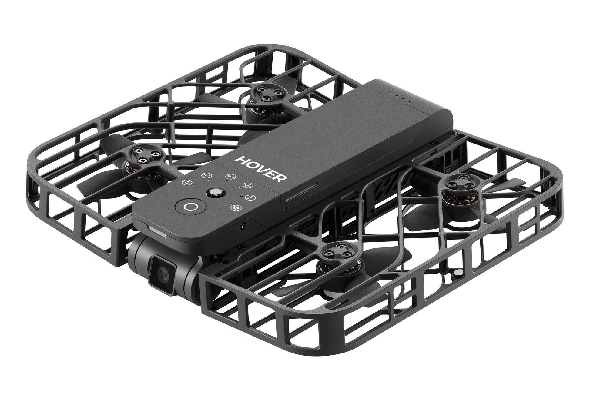 The black HOVERAir X1 drone, featuring enclosed propellers and a camera, is showcased from a three-quarter angle, capturing every thrilling detail of your eBike adventure.