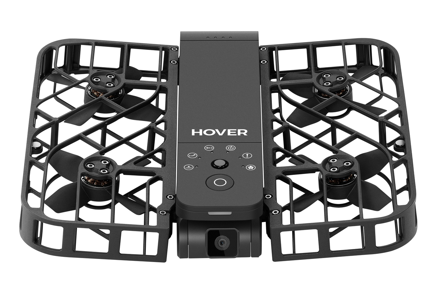 The HOVERAir X1 by HOVERAir is a black AI-powered drone with protective guards for its four propellers, intuitive controls, and a front-facing 4K camera, ideal for eBike riders to capture stunning aerial views.