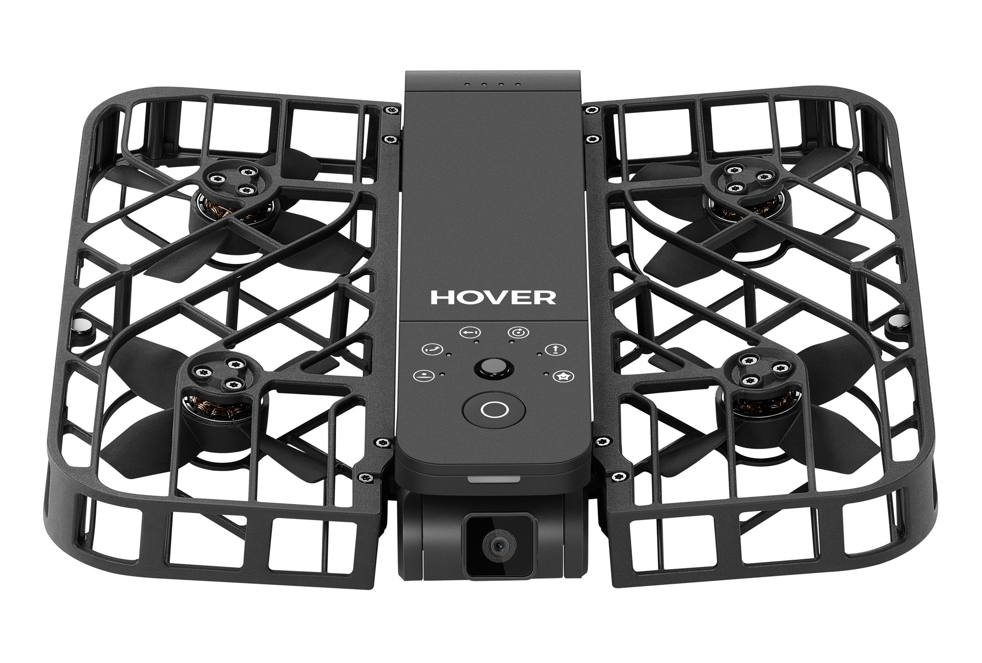 The HOVERAir X1 by HOVERAir is a black AI-powered drone with protective guards for its four propellers, intuitive controls, and a front-facing 4K camera, ideal for eBike riders to capture stunning aerial views.