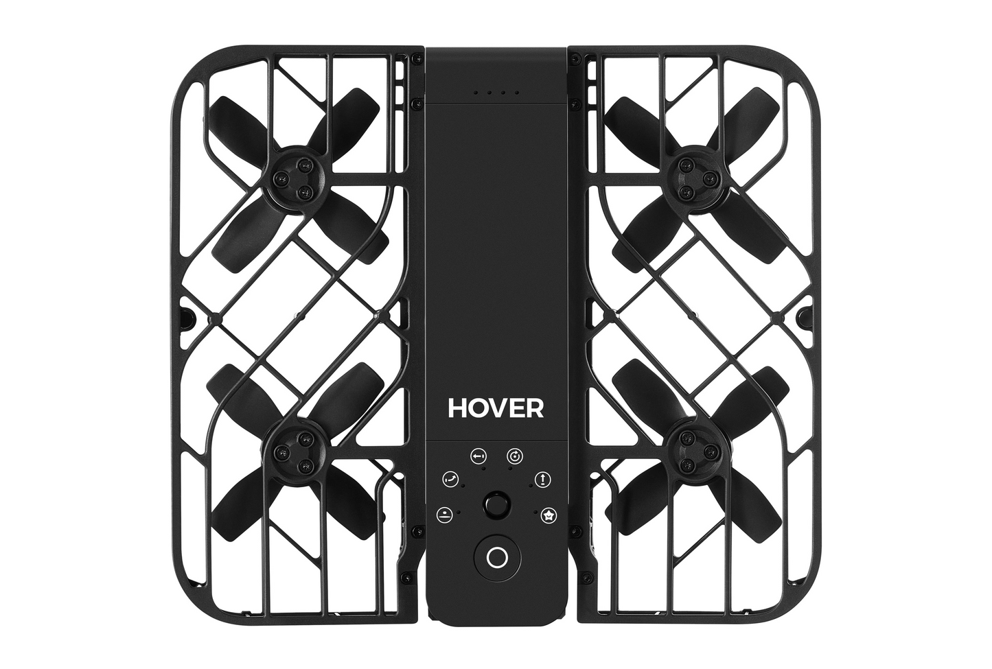 The HOVERAir X1, a compact rectangular drone by HOVERAir, has four propellers in a protective grid and features "HOVER" printed at its center, ideal for capturing your eBike adventures from above.