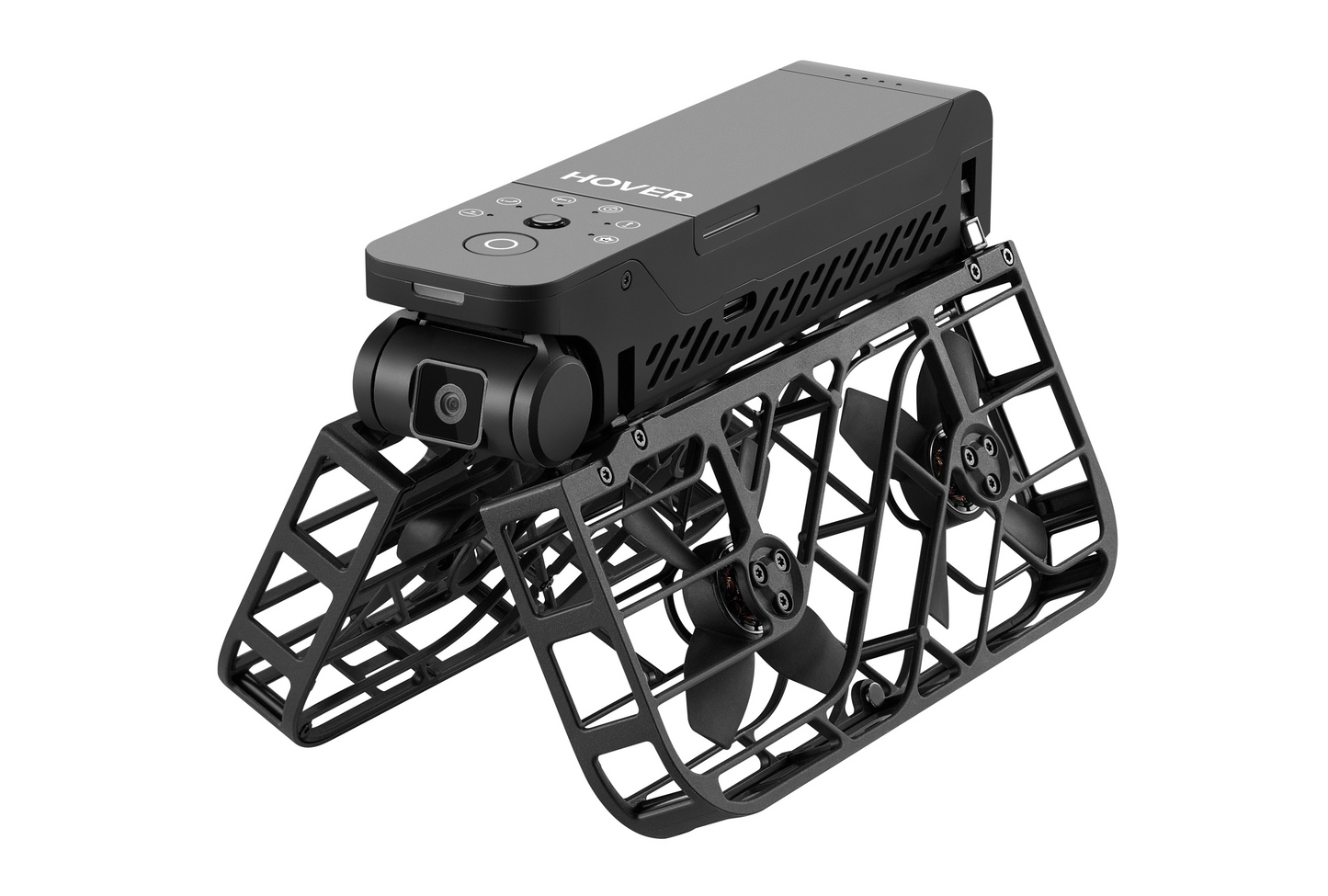 The stylish Black HOVERAir X1 drone, featuring a protective grill and visible propellers, is equipped with a front-facing Self-Flying Camera, ideal for capturing every moment of your eBike Adventure.