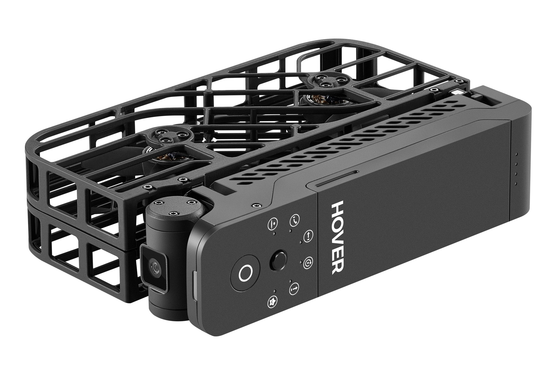 The black HOVERAir X1 drone by HOVERAir features propeller guards, a camera lens, and "HOVER" on the side. This AI-powered drone captures stunning 4K resolution, ideal for breathtaking adventure moments.