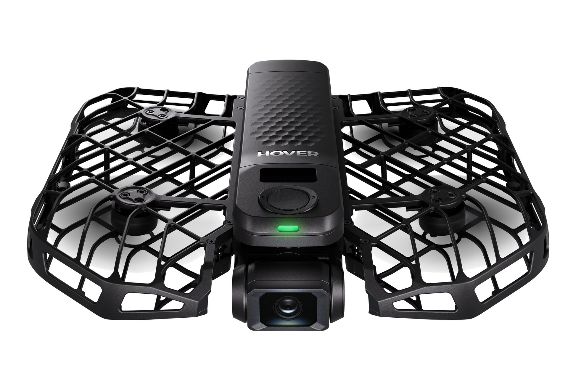 The HOVERAir X1 Pro by HOVERAir is a compact black drone with a protective cage and aerial camera. It features a textured top with the "Hover" logo and a green light indicator, ideal for capturing stunning footage on your eBike adventures.