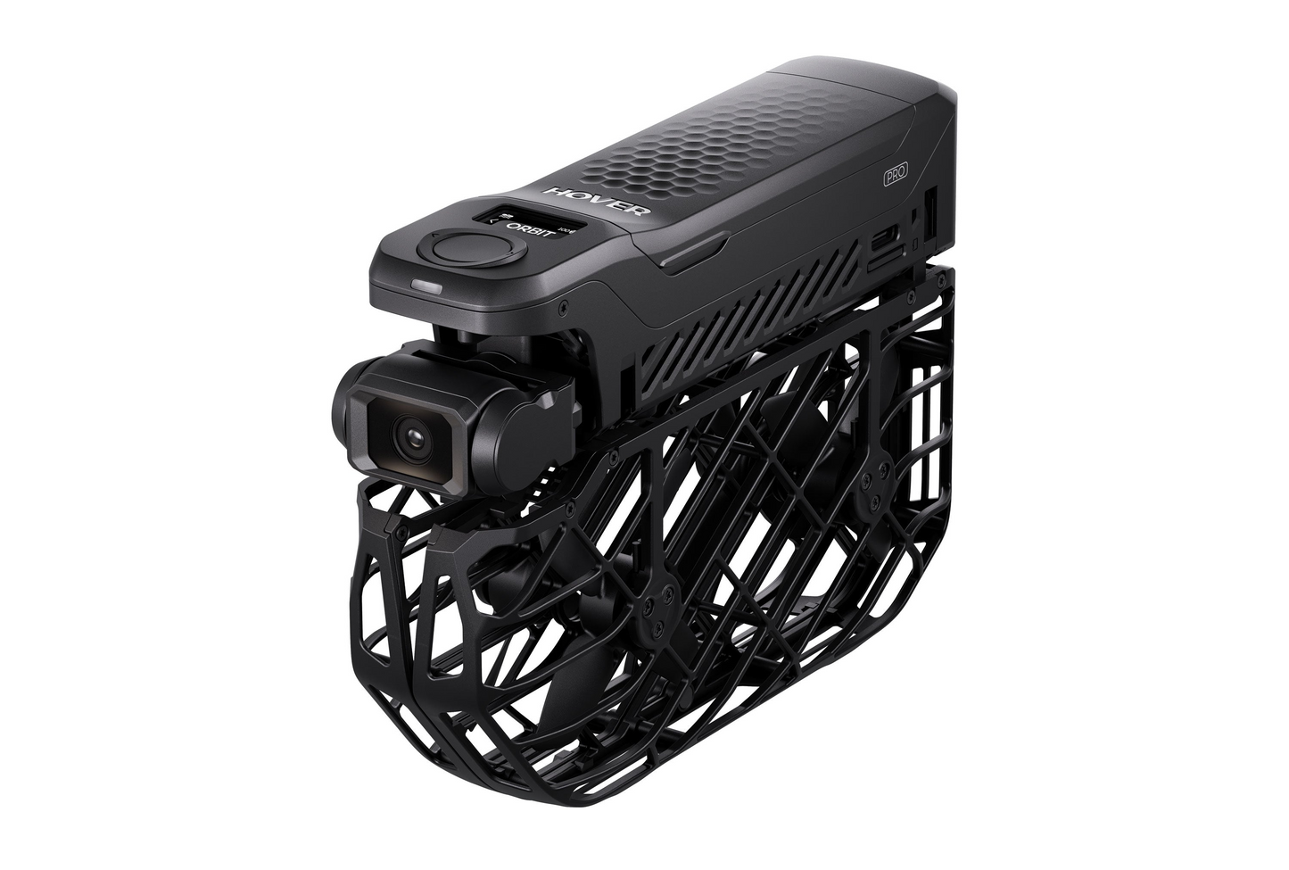 The HOVERAir X1 Pro is a compact black drone featuring a protective propeller guard, aerial camera, branding, and control button on top, ideal for capturing thrilling eBike adventures from above.