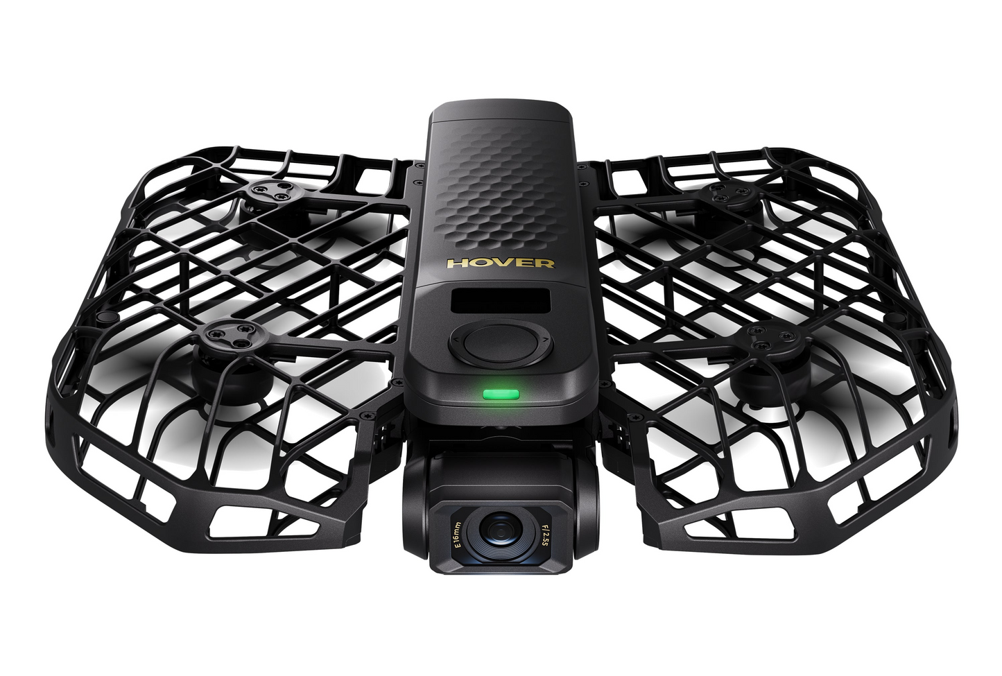 The HOVERAir X1 Pro Max is a sleek, black drone from HOVERAir, featuring a camera within a protective grid. It offers AI tracking, four propellers, and a textured top surface for better performance.