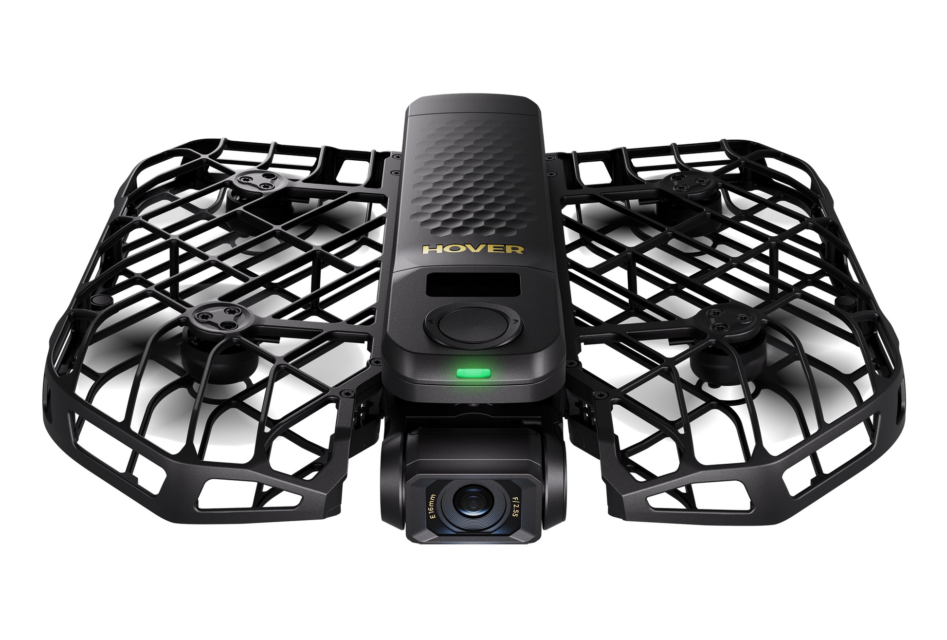 The HOVERAir X1 Pro Max is a sleek, black drone from HOVERAir, featuring a camera within a protective grid. It offers AI tracking, four propellers, and a textured top surface for better performance.