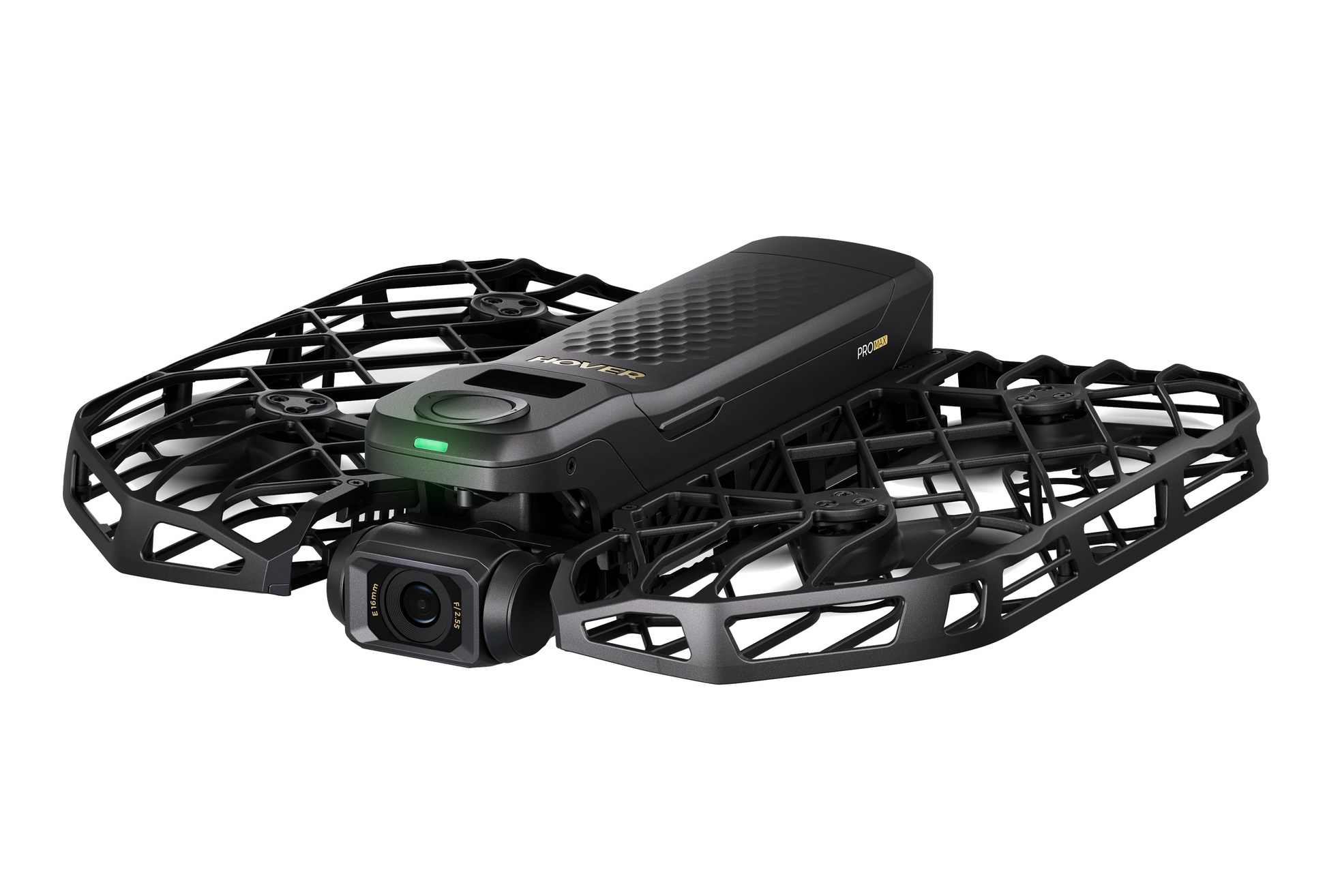 The HOVERAir X1 Pro Max is a sleek, black self-flying drone with a protective frame and front-facing camera. Featuring AI tracking, it proudly displays the HOVERAir brand on top, ensuring effortless captures from above.