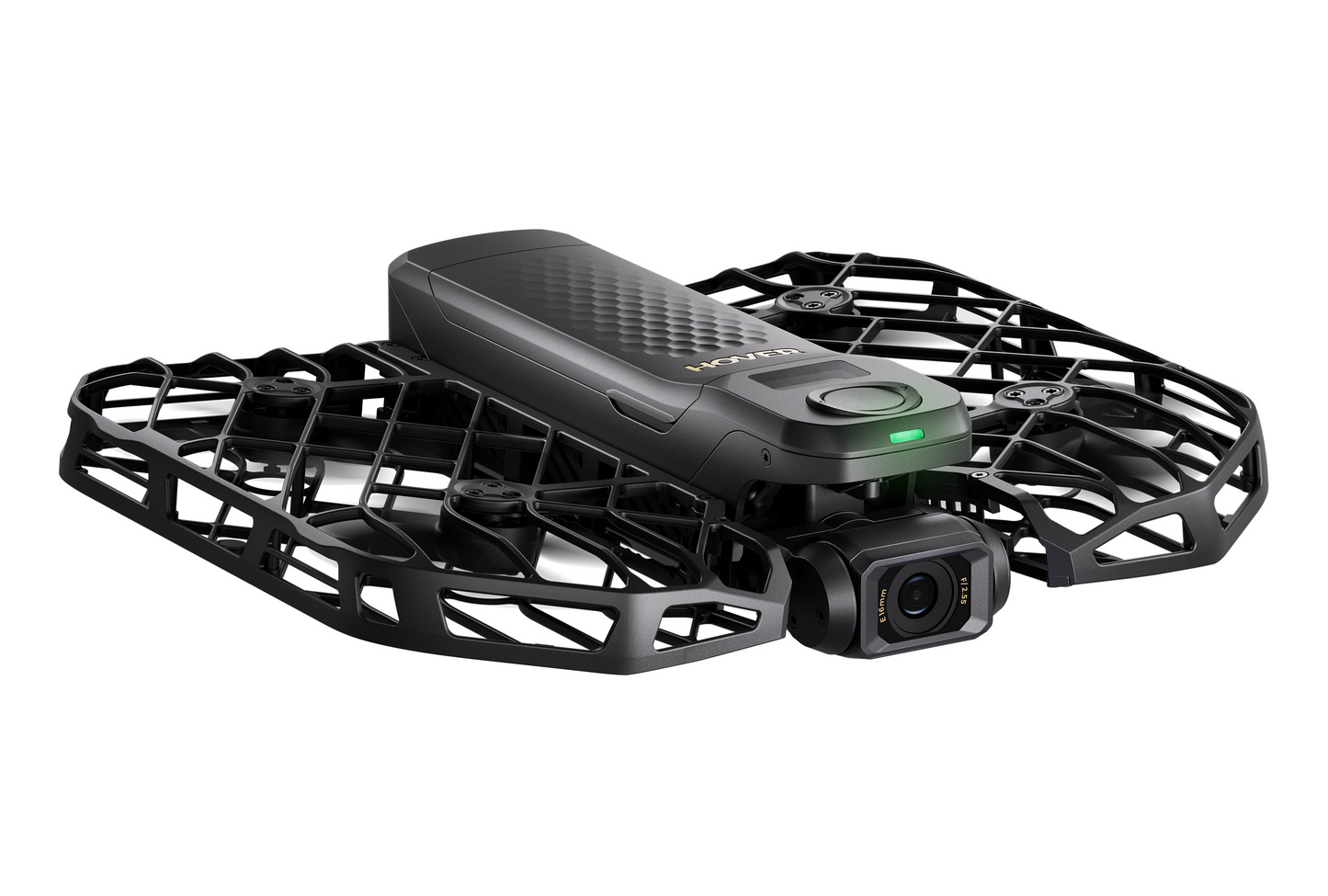 The HOVERAir X1 Pro Max by HOVERAir is a stylish black drone equipped with protective prop guards and a front camera. Its compact design features advanced AI tracking to effortlessly follow subjects, set against a white background.