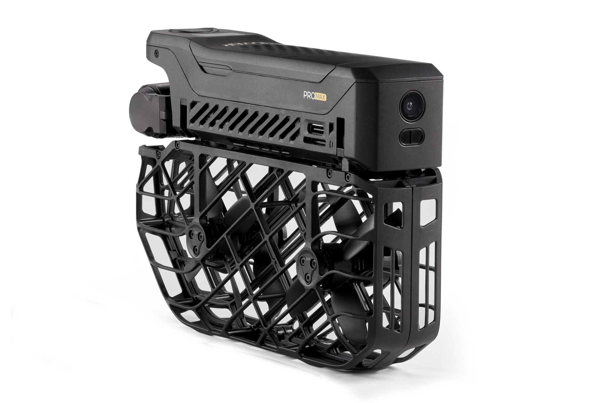 Introducing the HOVERAir X1 Pro Max: a compact black drone with a protective cage, front-facing camera, and advanced AI tracking for effortless self-flying and precision capture of dynamic moments.