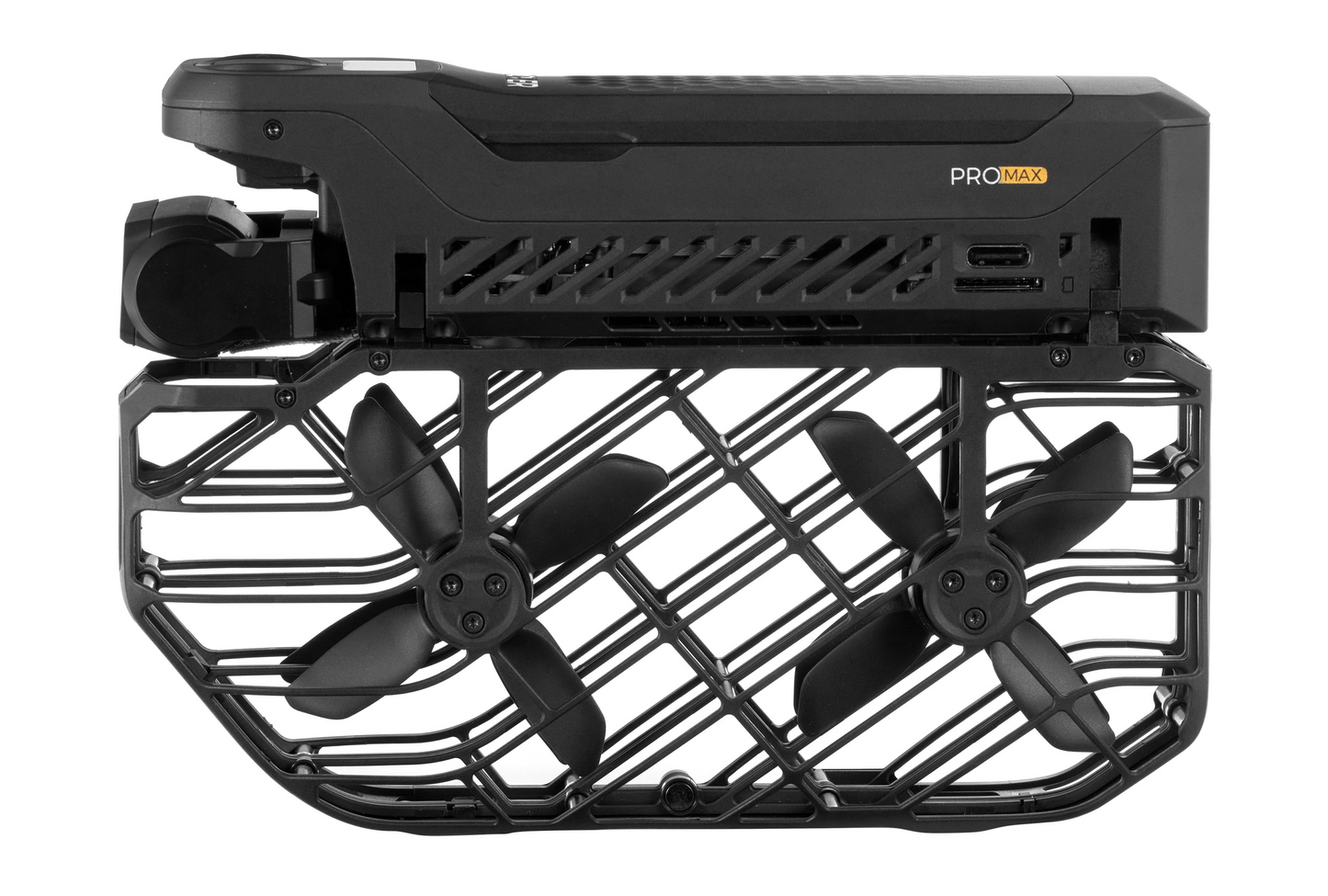 Side view of a black propeller guard with two propellers, labeled "HOVERAir X1 Pro Max" on the casing, showcasing the innovative tech in the self-flying camera by HOVERAir.