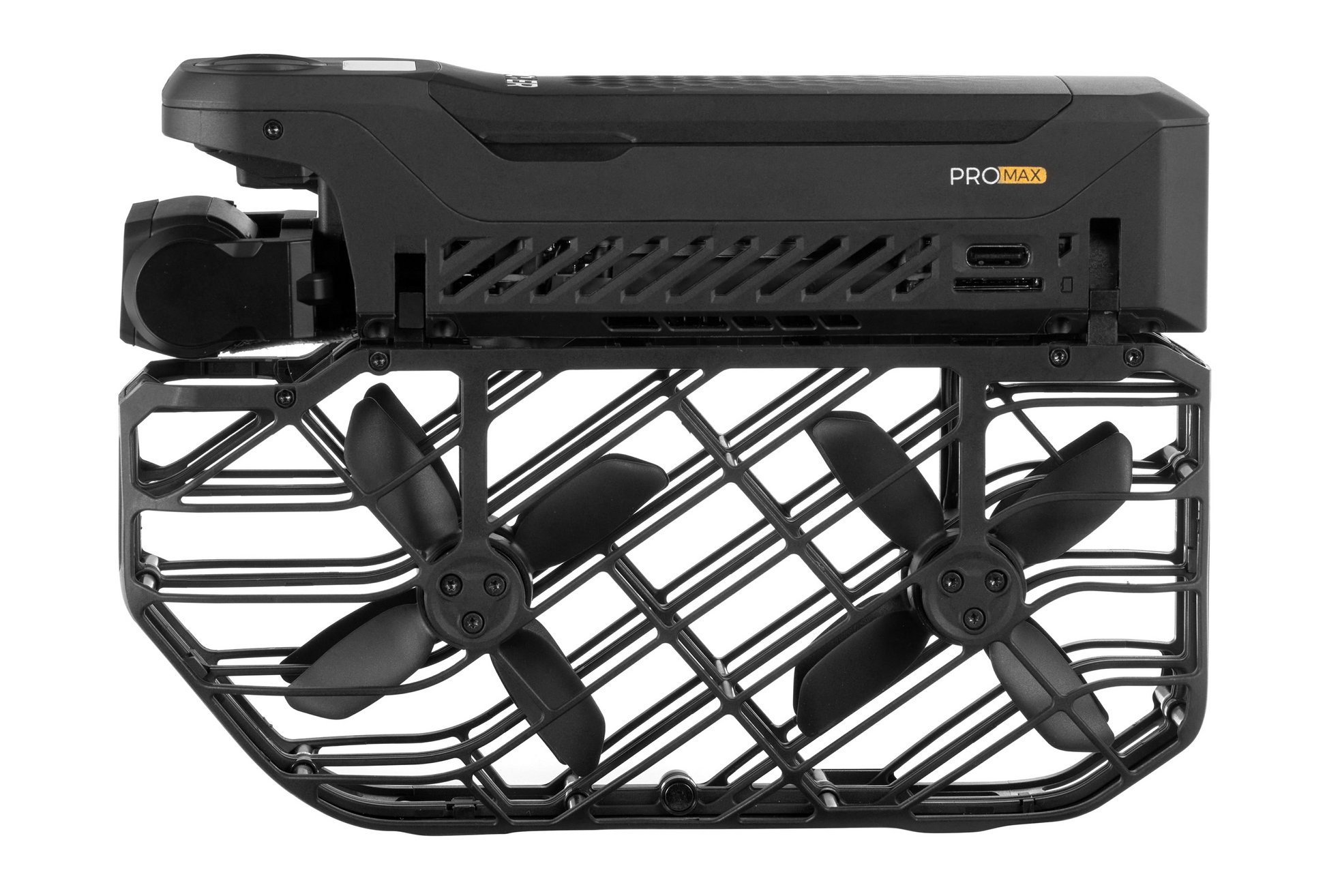 Side view of a black propeller guard with two propellers, labeled "HOVERAir X1 Pro Max" on the casing, showcasing the innovative tech in the self-flying camera by HOVERAir.